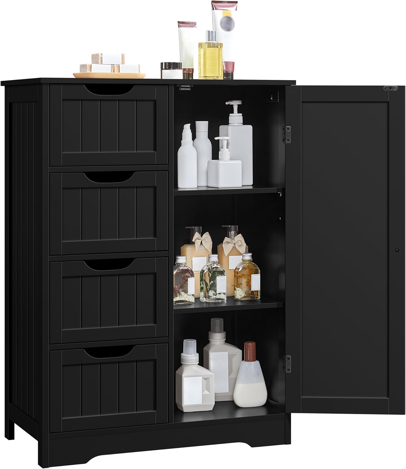 Yaheetech Wooden Storage Cabinet, Bathroom Storage Organizer with 4 Drawers & 1 Cupboard, Freestanding Cabinet Table for Bathroom, Entrance Area, Kitchen, Black