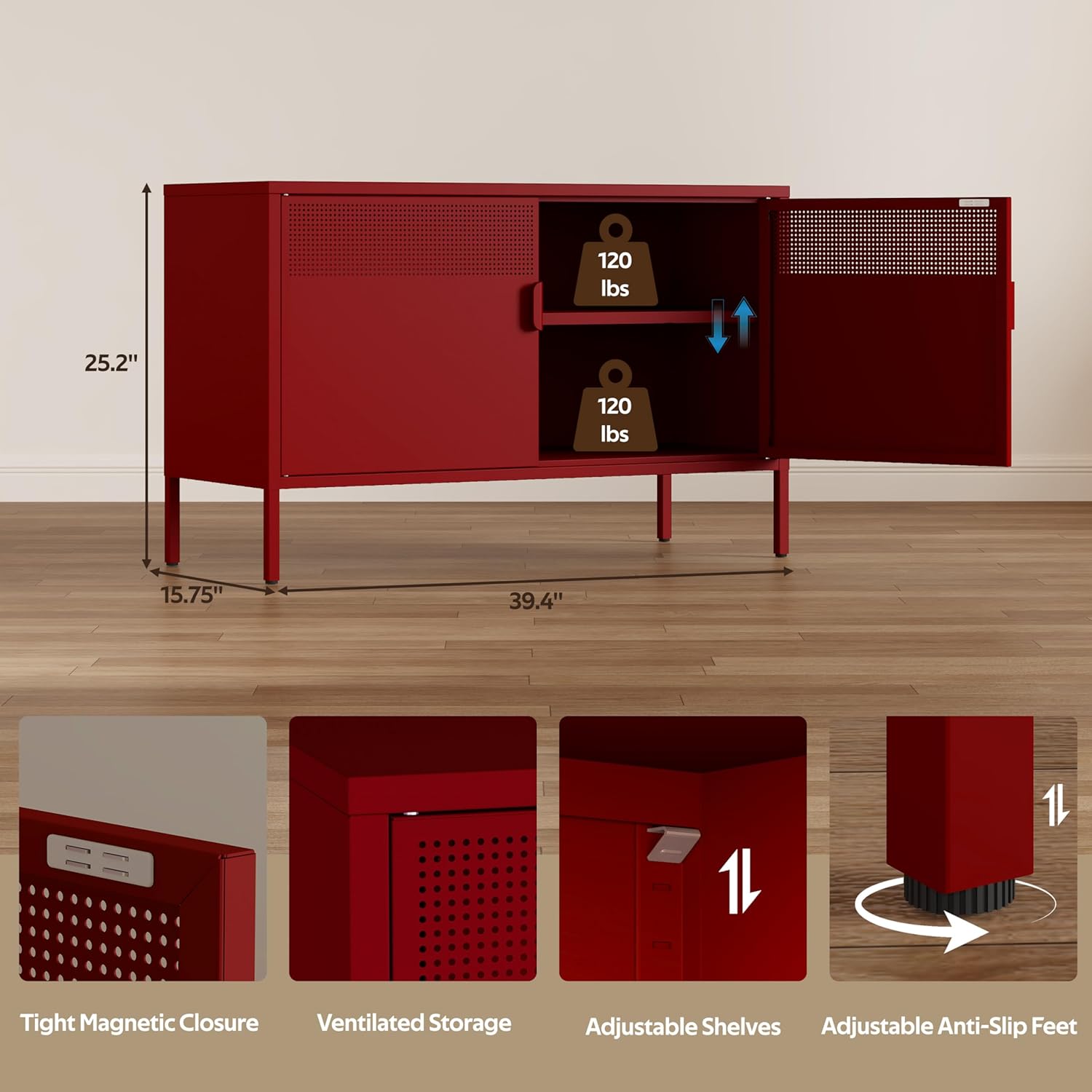 Metal Storage Cabinet with 2 Doors & Adjustable Shelves, 25 H Red Accent Cabinet, Metal Locker Storage Cabinets, Tv Stand Cabinet for Home, Office, Living Room, Entryway