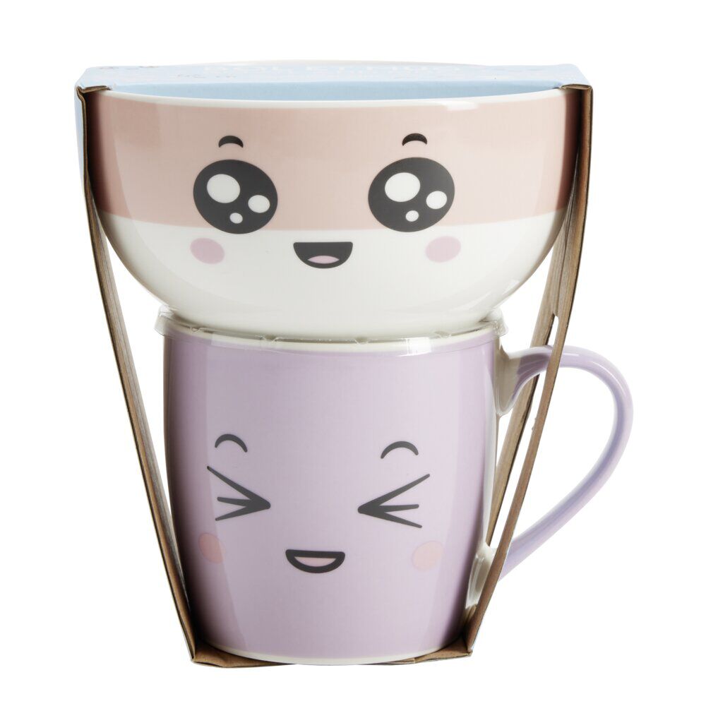 Bol 500ml avec mug 300ml kawaii porcelaine rose et violet