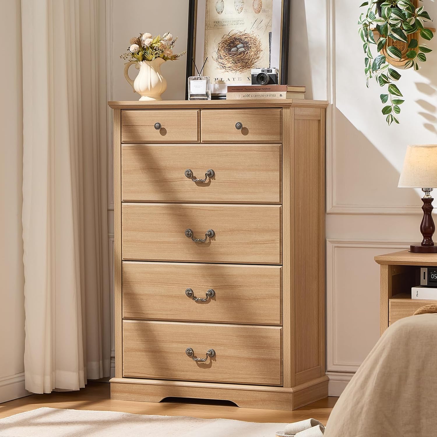 6 Drawer Dresser,Farmhouse Wood Chest of Drawers for Bedroom,47 Tall Dresser with Rustic Handles,Wood Drawer Organizer for Living Room,Hallway,Closet,Natural