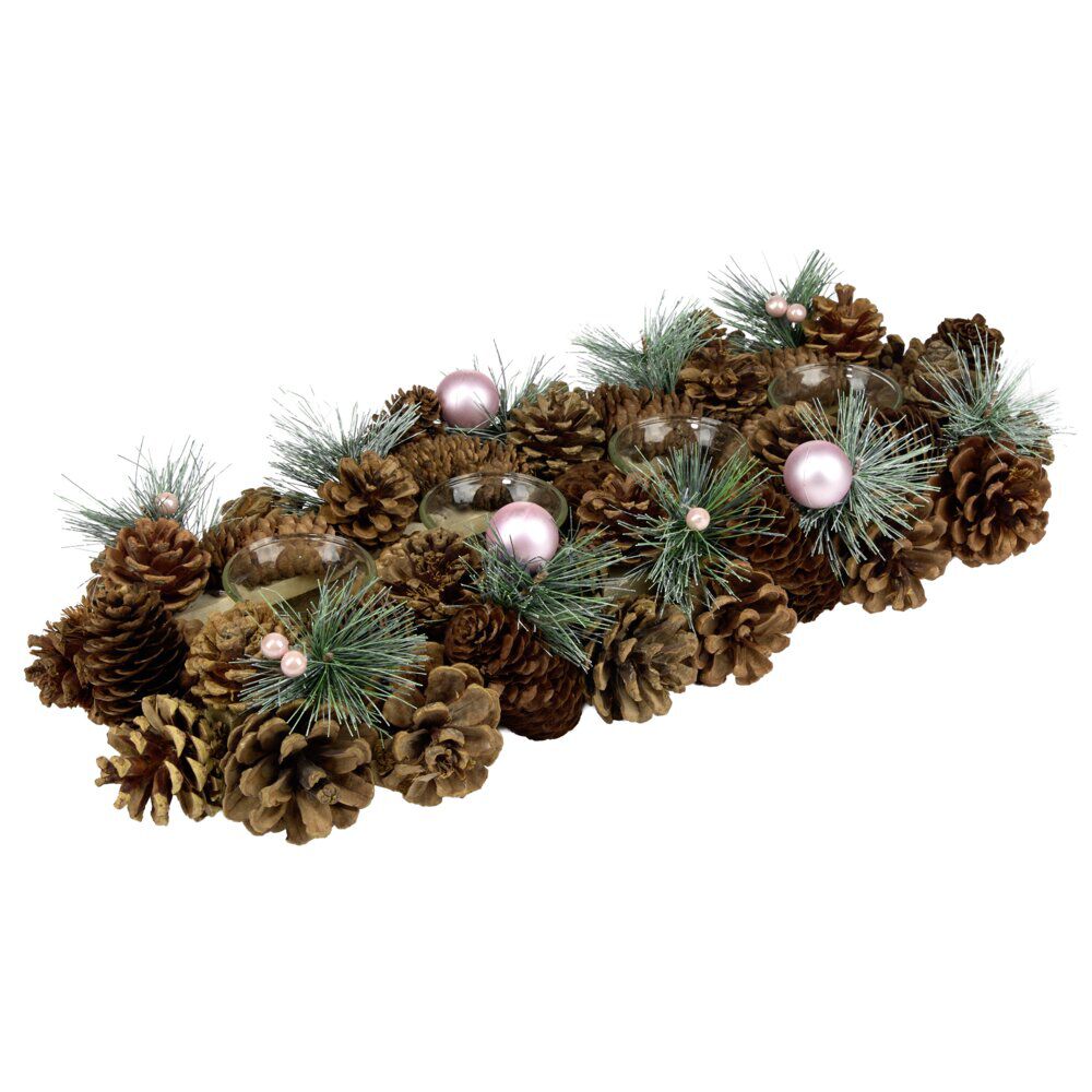 Centre de table décoration pin et boules de No&euml;l 4 photophores bois et verre L47X17XH9 cm