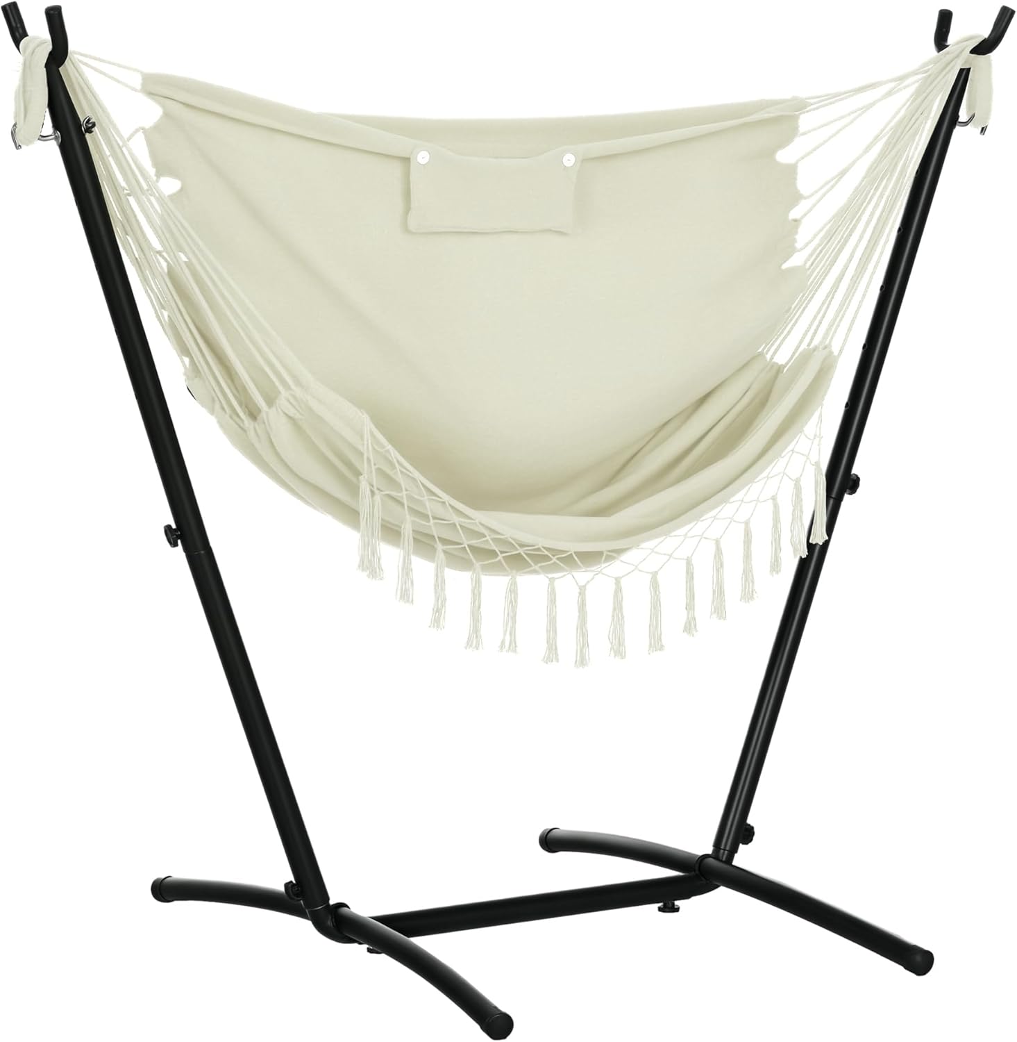 Outsunny Patio Hammock Chair with Stand, Outdoor Hammock Swing Hanging Lounge Chair with Side Pocket and Headrest, Cream White