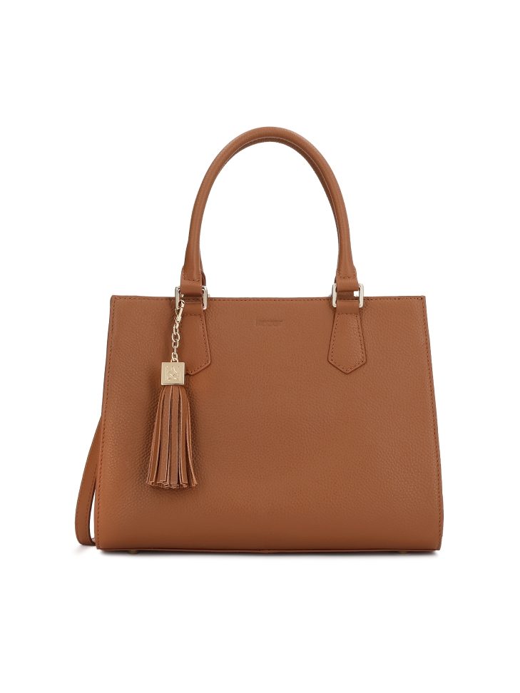 Light brown leather handbag with key ring
