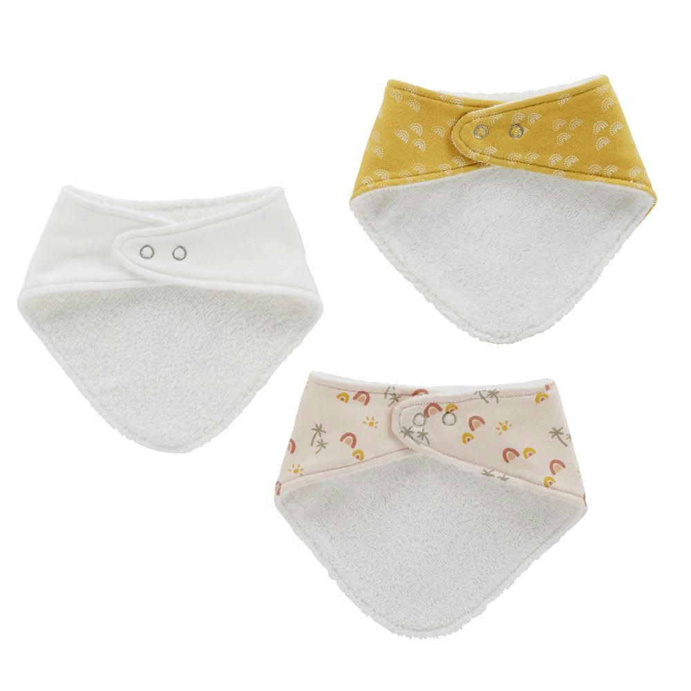 MALAGA - Bavoirs bandanas en coton rose, jaune, écru et doré (x3)