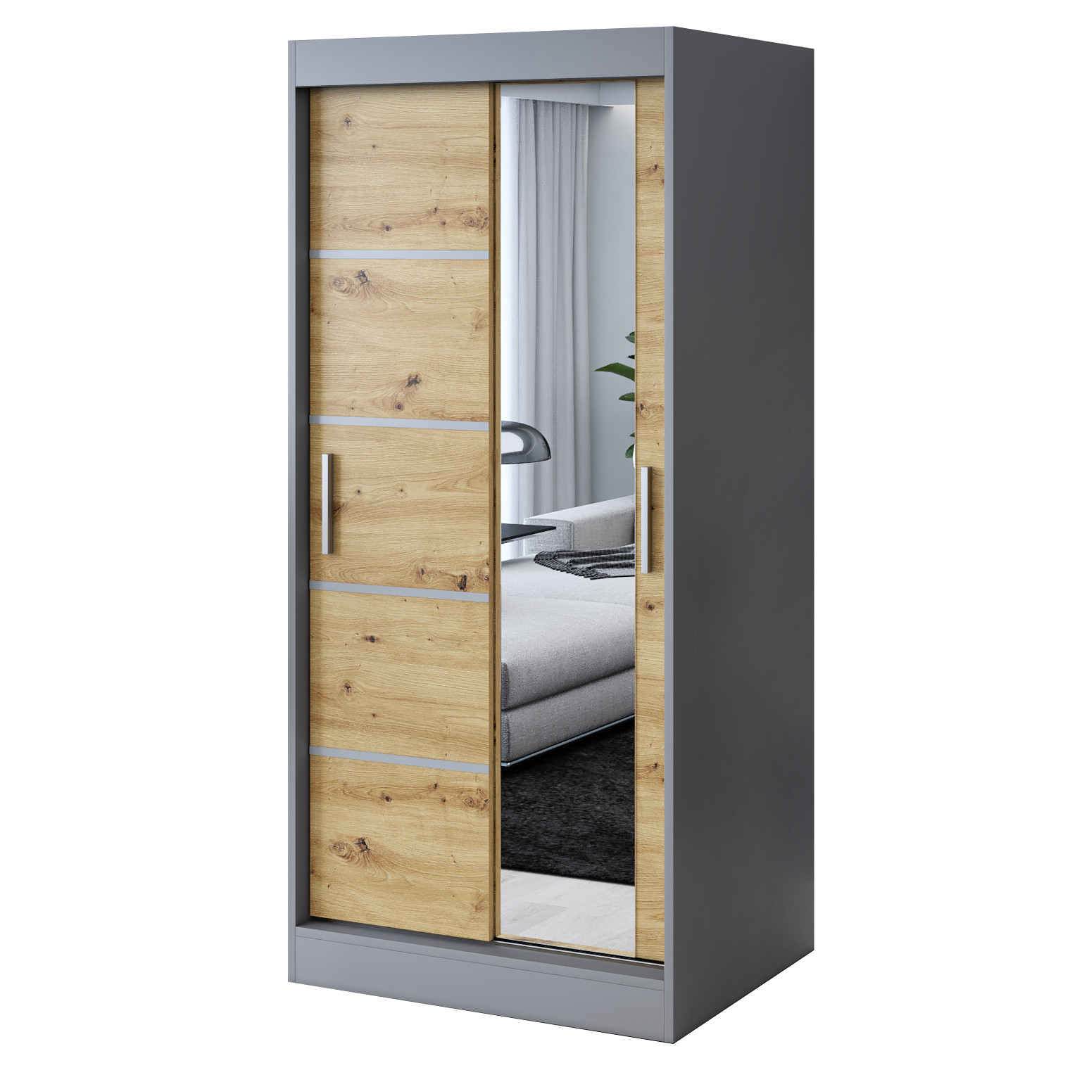 Szafa przesuwna 1x Lustro 90x200 Pepe, Antracyt mat / Dąb Artisan