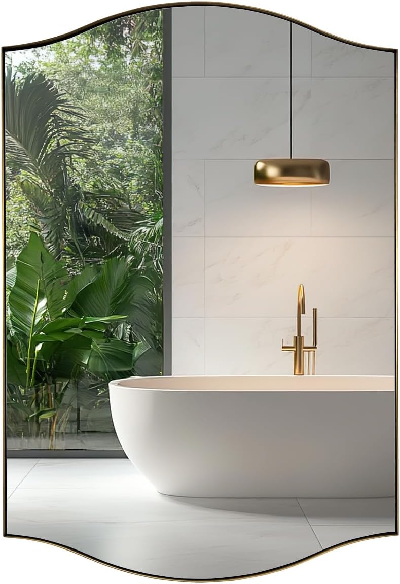 ANDY STAR 30x40 Scalloped Wall Mirror, Brushed Gold Rectangle Bathroom Mirror with Curved Edge Stainless Steel Metal Frame, Large Wall-Mounted Mirror for Bathroom, Entryway (Horizontal/Vertical)