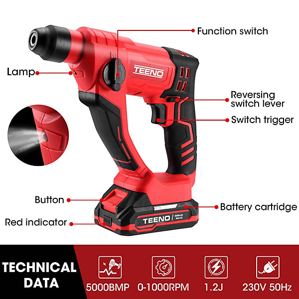 Marteau perforateur sans fil 20V SDS Plus, calibre 14 mm, 2 x 2.0Ah Batteries, pour béton, 1000 rpm, éclairage de travail LED