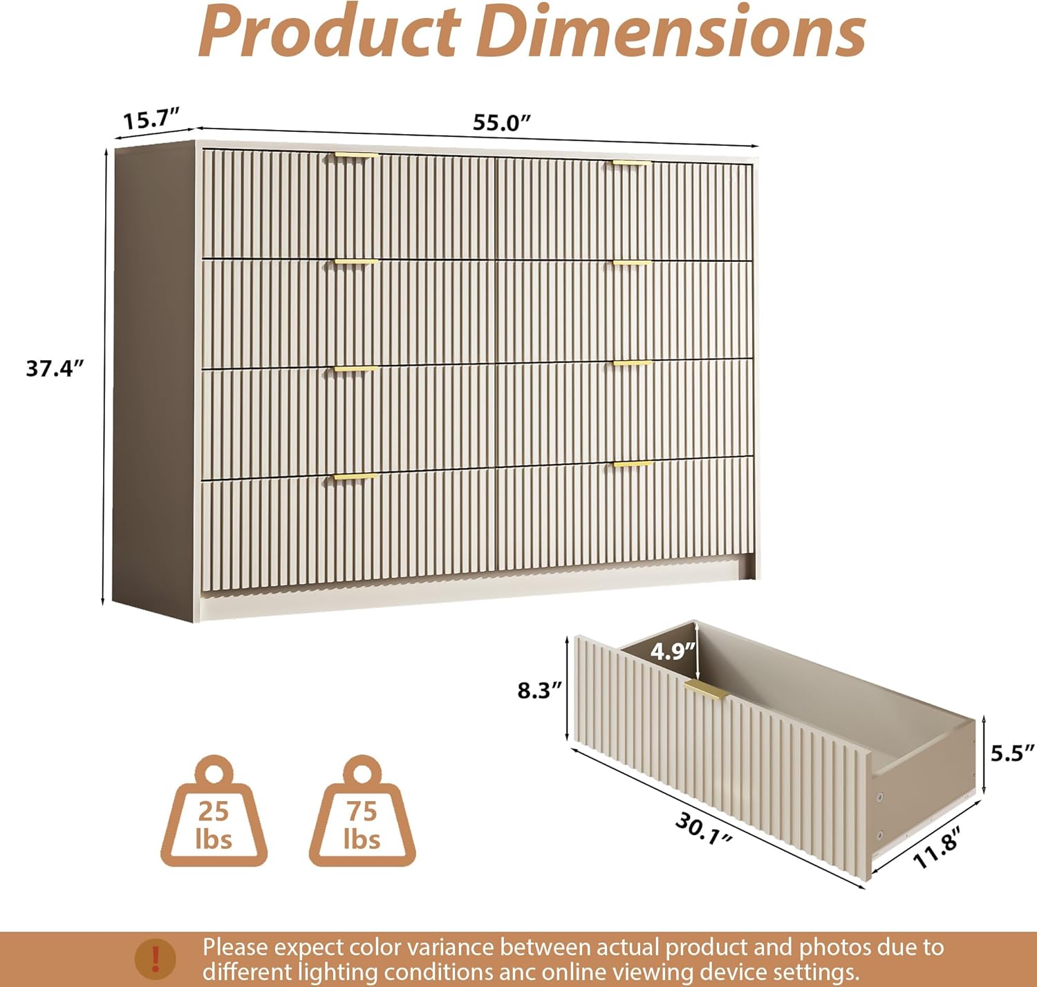 Beige Dresser for Bedroom, 8 Drawer Double Dresser, Modern Chest of Drawers for Bedroom, Living Room, Entryway and Closet, 55 L x 15.7 D x 37.4 H