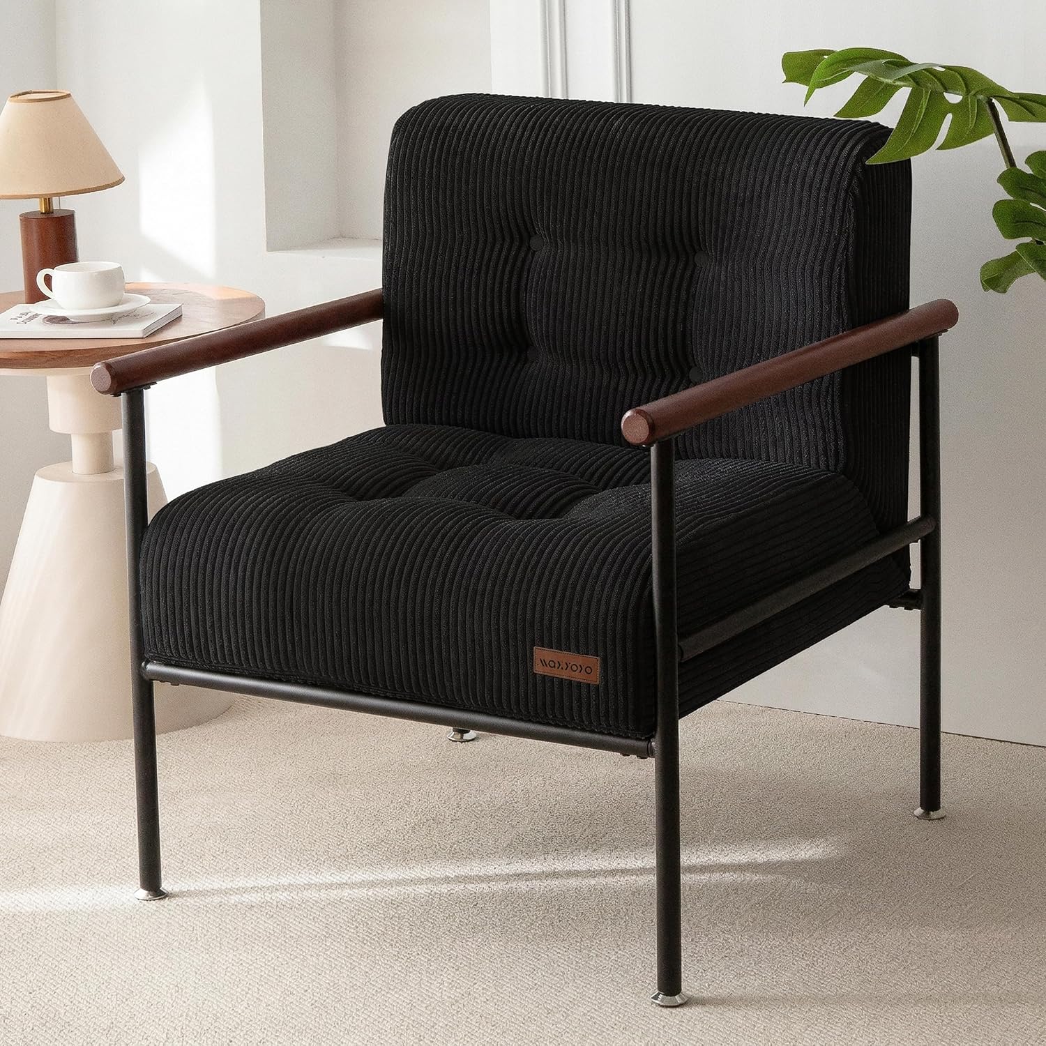 MAXYOYO Living Room Accent Chair, Modern Chair with Sturdy Metal Frame & Wood Armrests, Upholstered Reading Chair with Upholstered Cushion for Bedroom Balcony Porch, Black