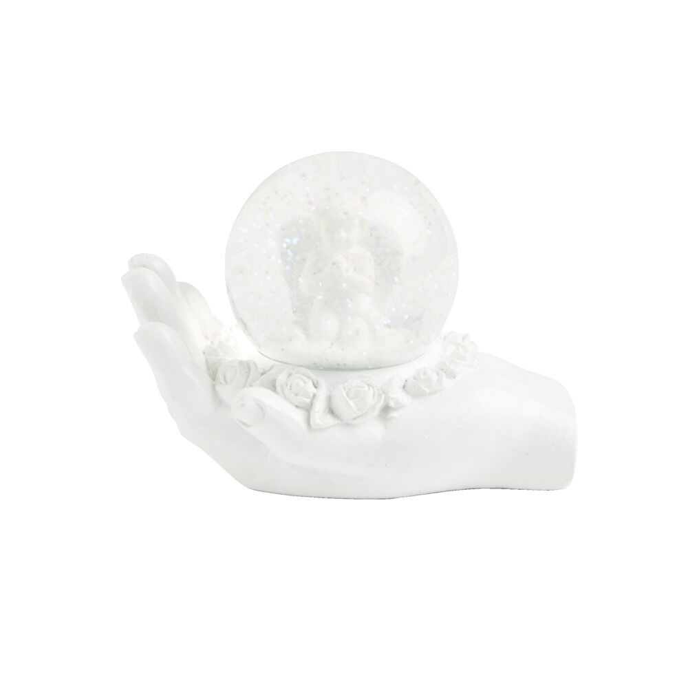 Main polyrésine blanche avec boule de neige ange à poser Ø6,5cm