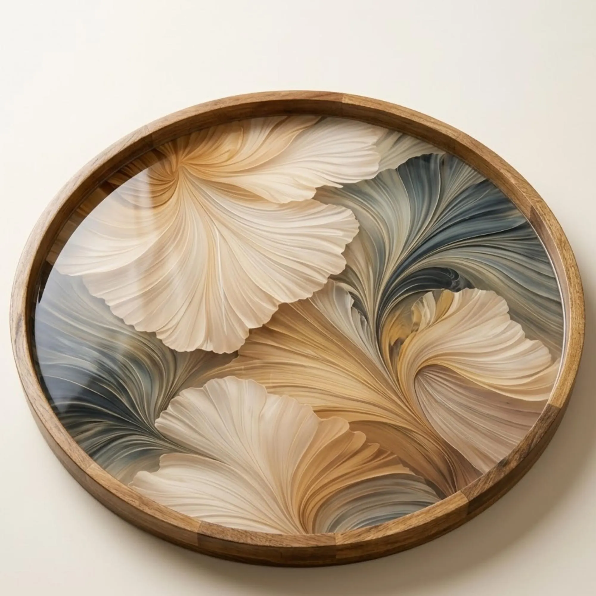 Abstract Beige Mango Wood Serving Tray | Round Ottoman Coffee Table Decor