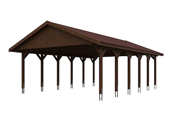 Carport SKAN HOLZ Wallgau 620 x 900 cm, traitement coloré noyer, avec bardeaux rouge