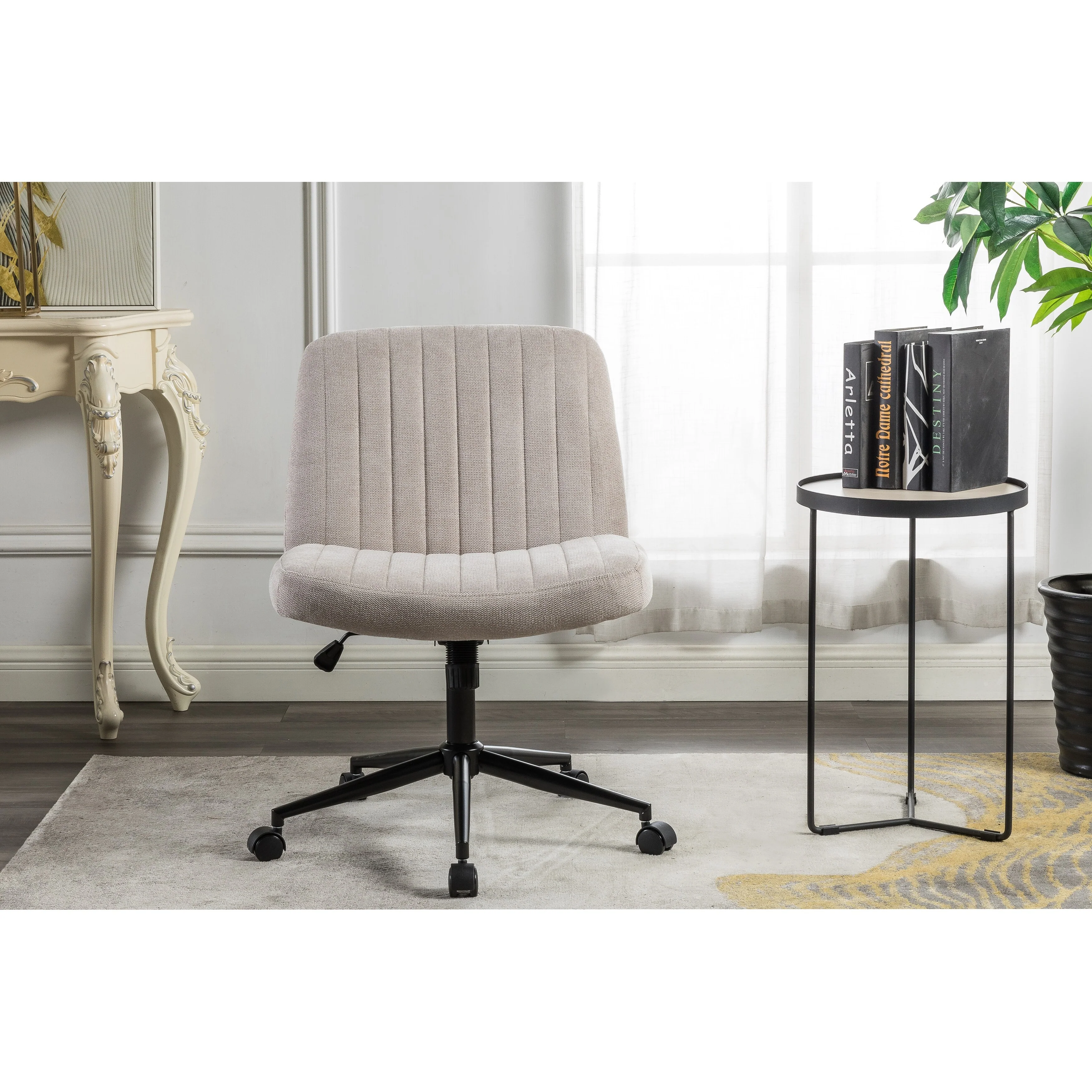 Cross Legged Office Chair with Wheels, Height Adjustable Wide Seat Task Chair, Armless Swivel Upholstered Vanity Chair - N/A