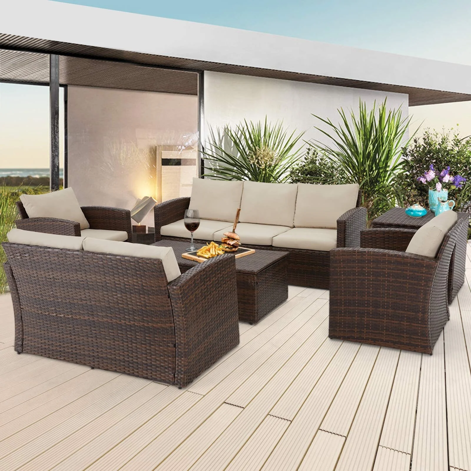 AECOJOY 7-Pieces Patio Sectional Sofa Outdoor Wicker Furniture Set