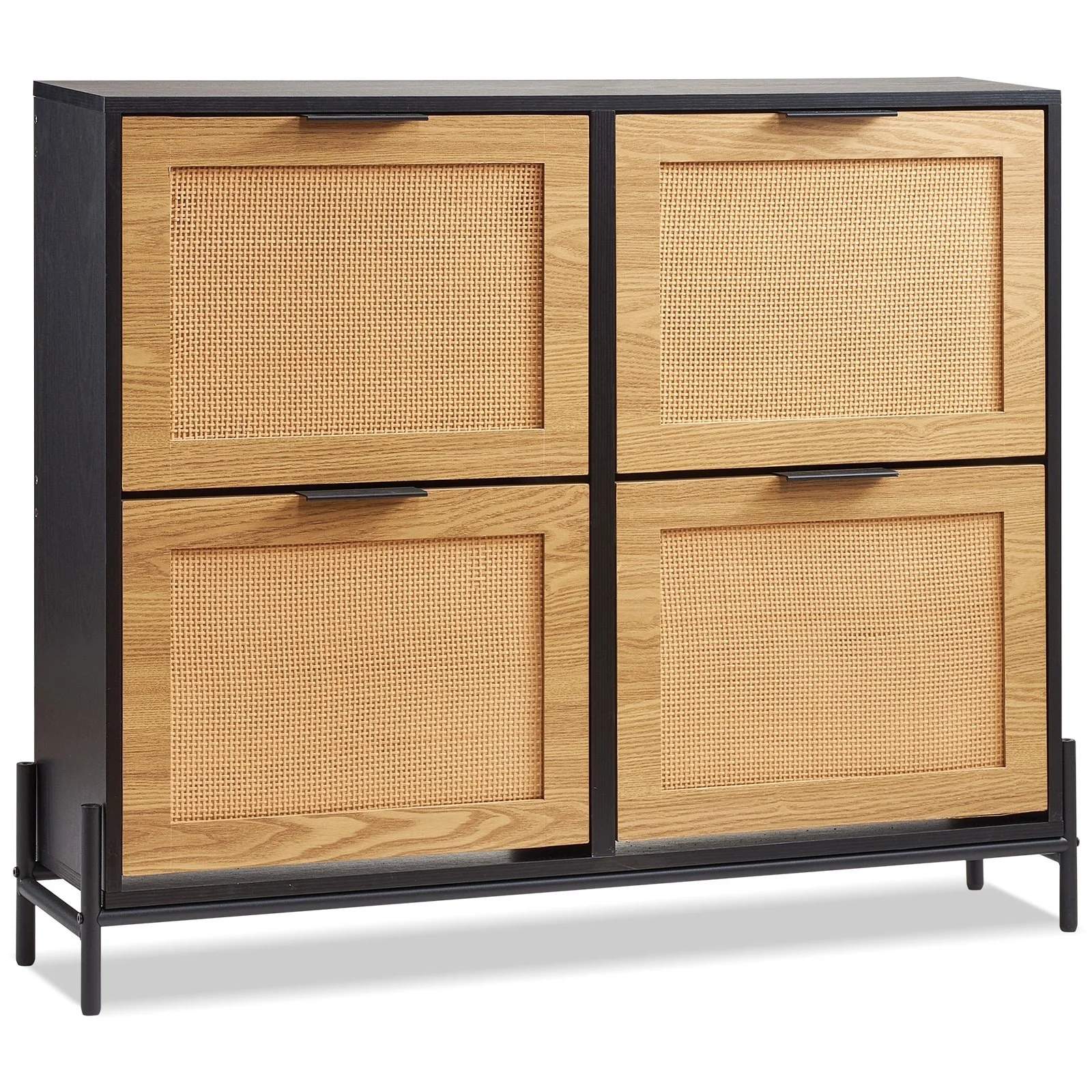 Slim Rattan Shoe Cabinet with Shelves and Drawers Wooden Entryway Organizer for Small Spaces - 40.94 x 9.45 x 34.65 inches