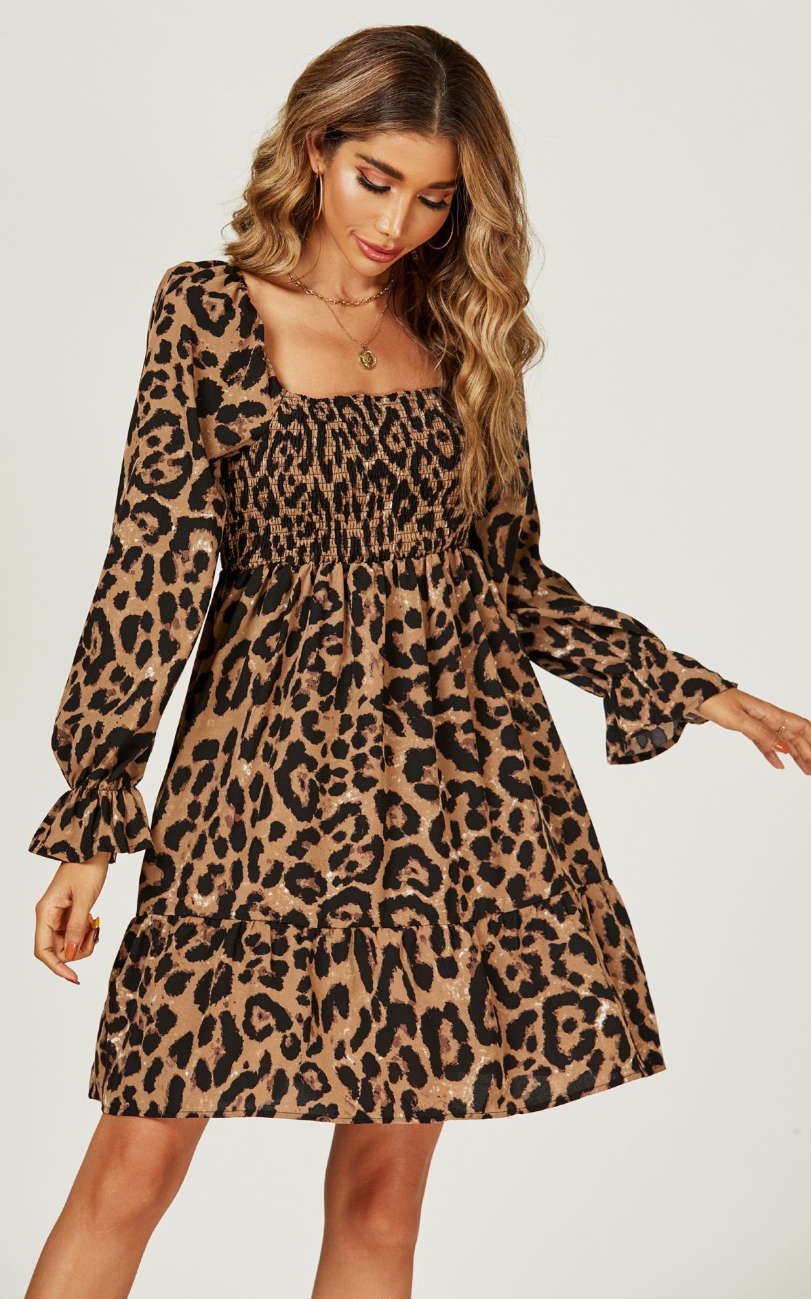 FS Collection Long Puff Sleeve Mini Dress In Brown Leopard Print