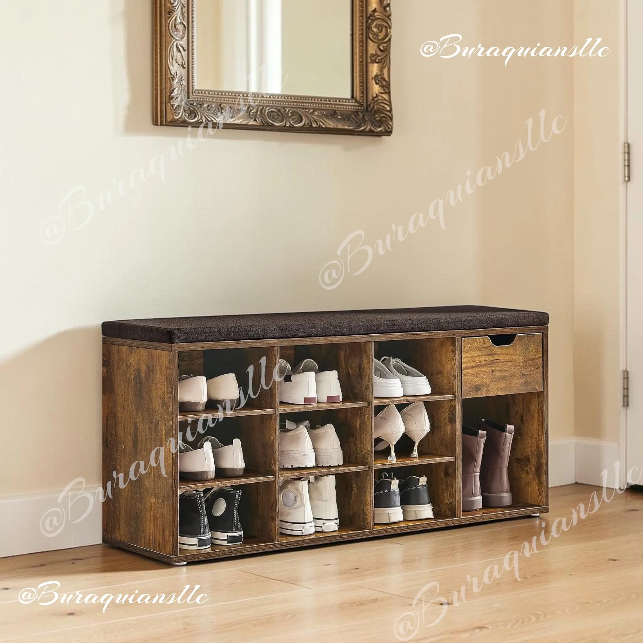 Storage Bench, 10 Compartments, and Shoe Bench with Cushion