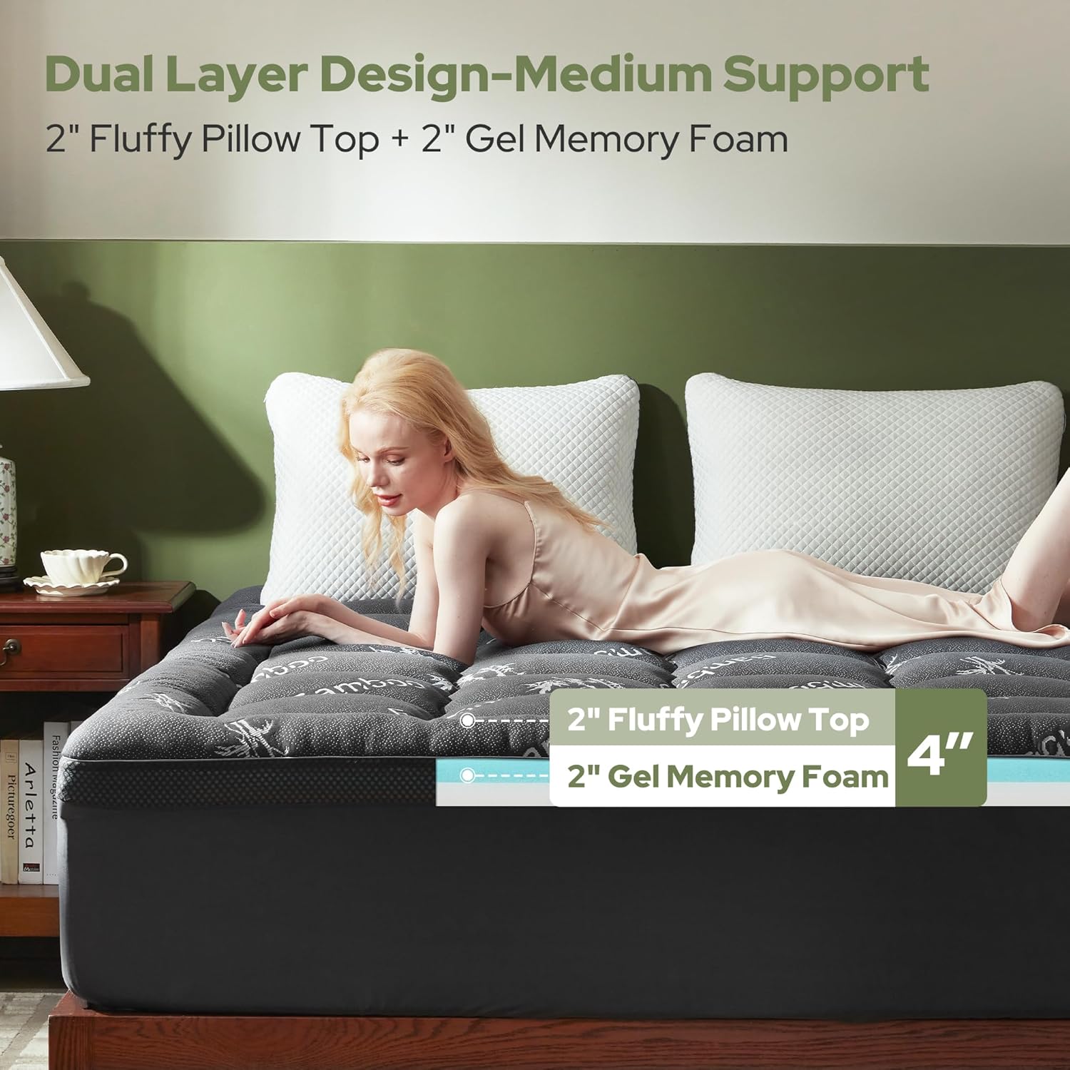 BEDLORE 4 Inch Memory Foam Mattress Topper King,2-in-1 Dual Layer Design (2 Gel Memory Foam + 2 Plush Pillow Top Cover) Mattress Topper Medium-Firm,Pressure Relief & Back Pain Support(Dark Gray)