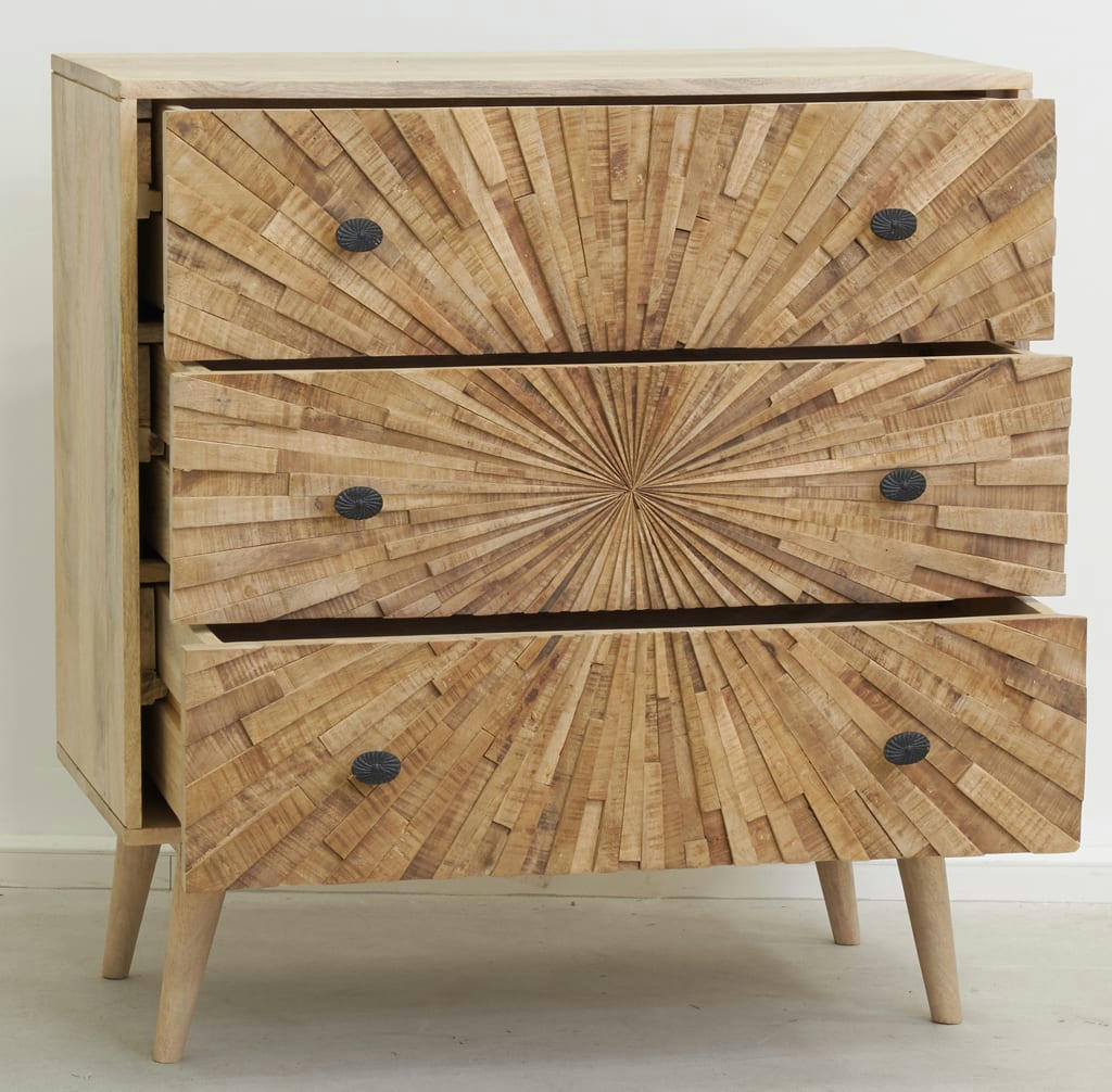 - Commode en manguier sculpté sunrise 3 tiroirs