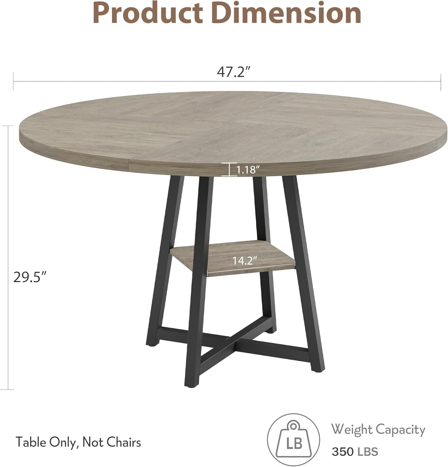Garvee 47.2 in Round Dining Table for 4-6 People, Industrial Round Kitchen Table with Sturdy Metal Pedestal Base & Storage Shelf, Circle 4 Dinner Table for Dinner, Kitchen, Dining Room