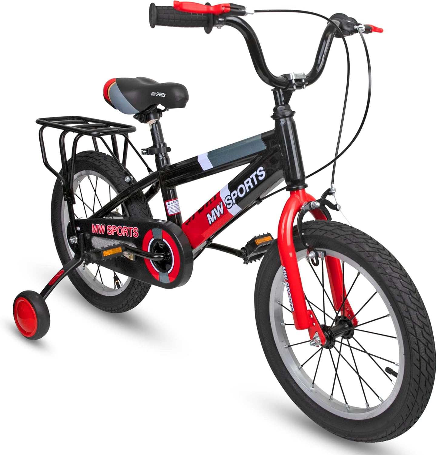 MW Sports 16 inch Kids Bike with Removable Training Wheels, Hand Brakes and Back Relay Rack for Ages 4-6 Years.