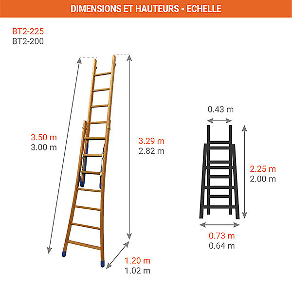 Echelle bois transformable 2x8 barreaux - Hauteur à atteindre 3.29m - BT2-225