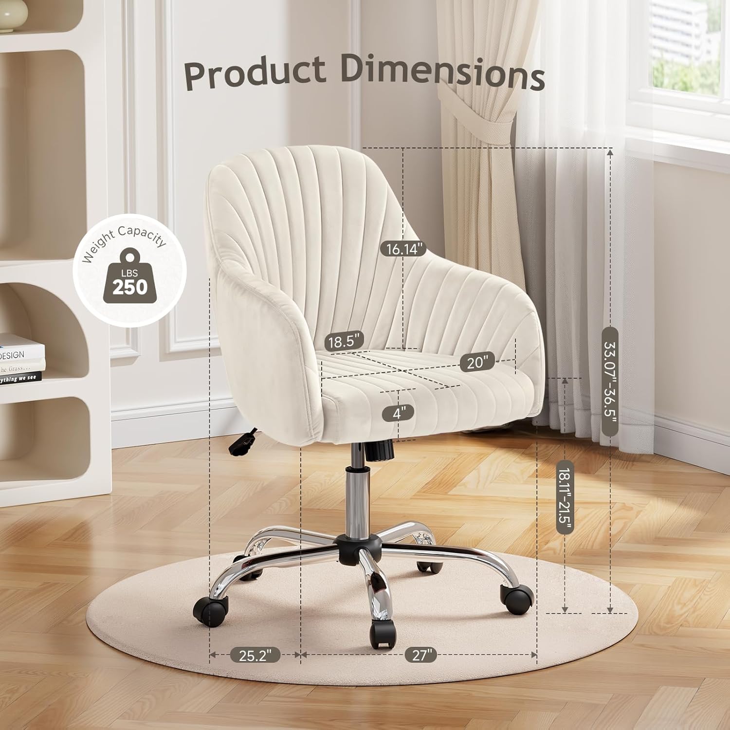 Warmiehomy Office Chair, Velvet Desk Chair for Home Office, Cozy Vanity Chair, Girl Cute Makeup Chair with Arm Rest for Bedroom Dressing Room (Cozy Beige)