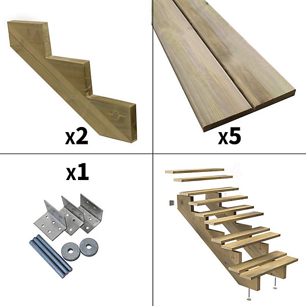 Escalier Bois Exterieur - 5 Marches - Largeur : 80 cm - Marches découpables - Sans Contremarches - Pin du Nord