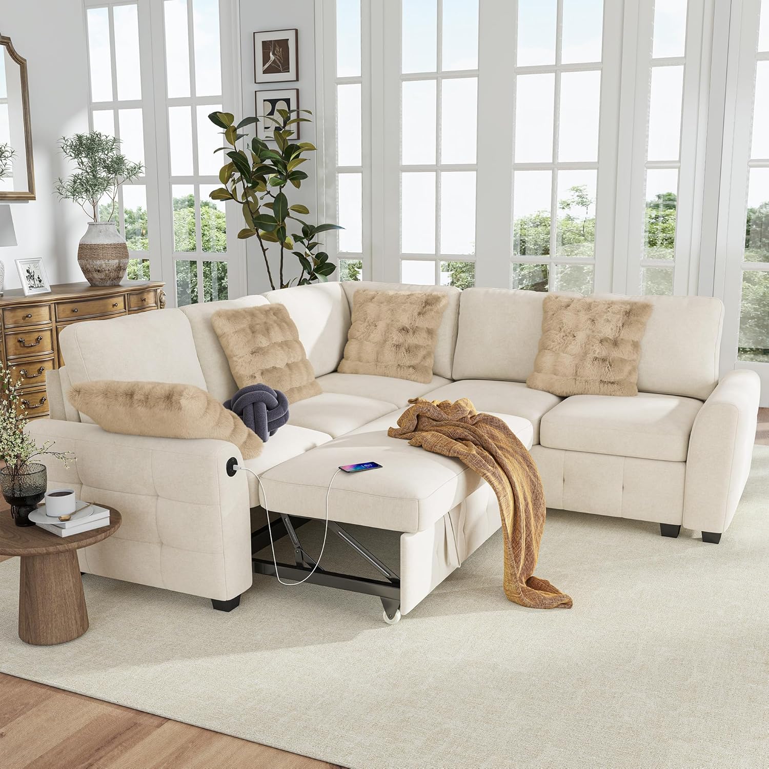Hanherry Sectional Couch with Pull Out Sofa Bed,Chenille Sleeper Sofa with 2 Seat Storage & USB Charging,Comfy L Shaped Modular Couches for Living Room,Apartment
