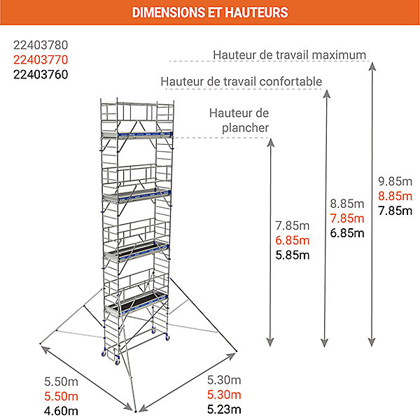Echafaudage roulant 4 plateaux - Hauteur de travail max 9.85m - 22403780