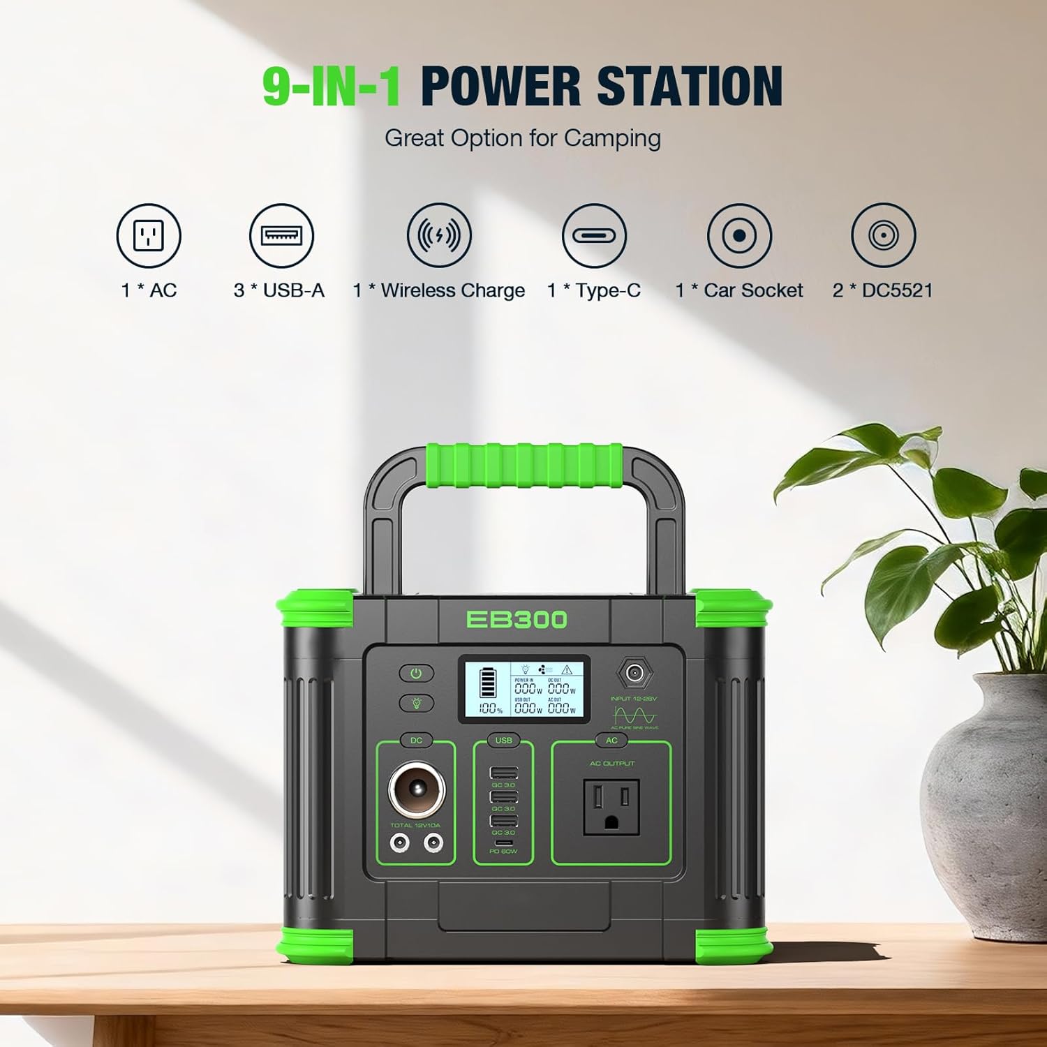 Portable Power Station 330W, 288.6Wh Solar Generator with 60W USB-C PD Output, 110V Pure Sine Wave AC Outlet, 5W Wireless Charging, 330W Backup Lithium Battery for Outdoor Camping Travel Hunting Home