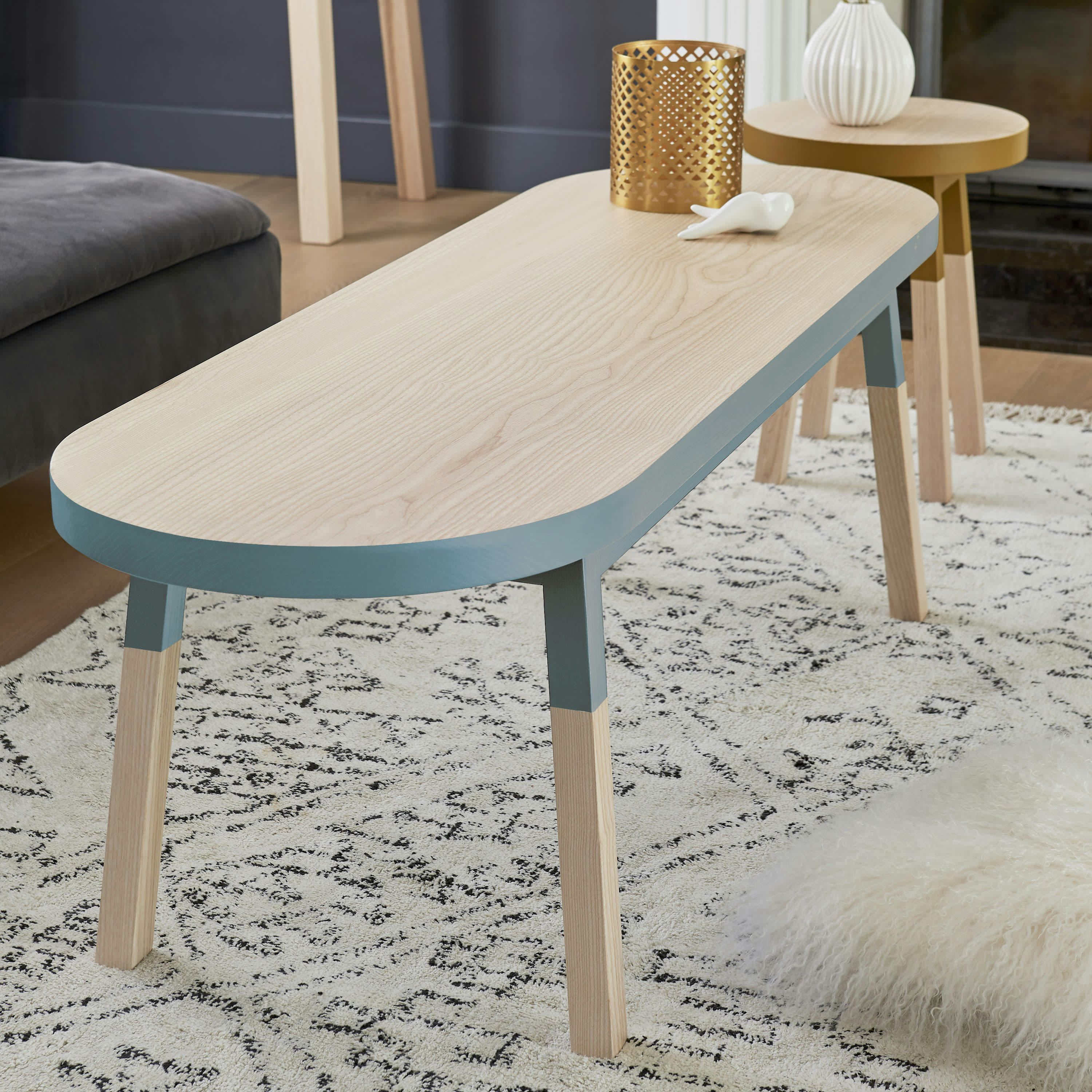 EGEE - Table basse banc 140 cm, 100% frêne massif bleu gris lehon