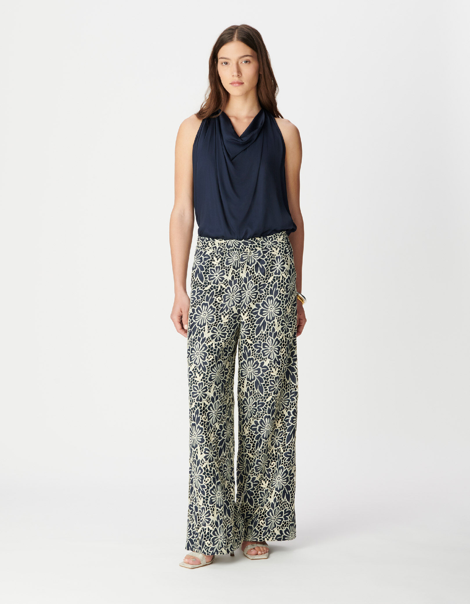 Pantalon marine dentelle écrue Femme