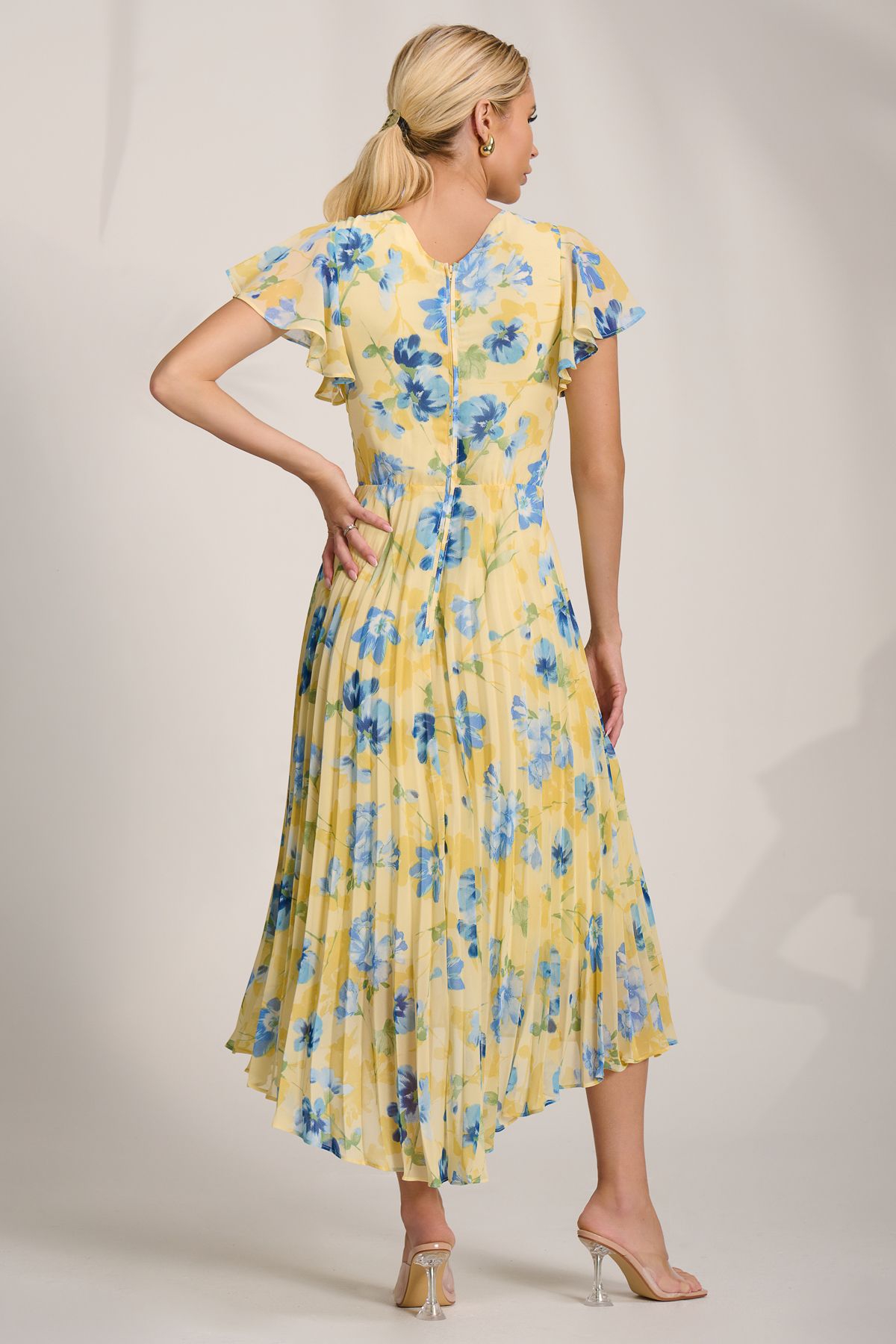 Jolie Moi Cap Sleeve Pleated Chiffon Maxi Dress