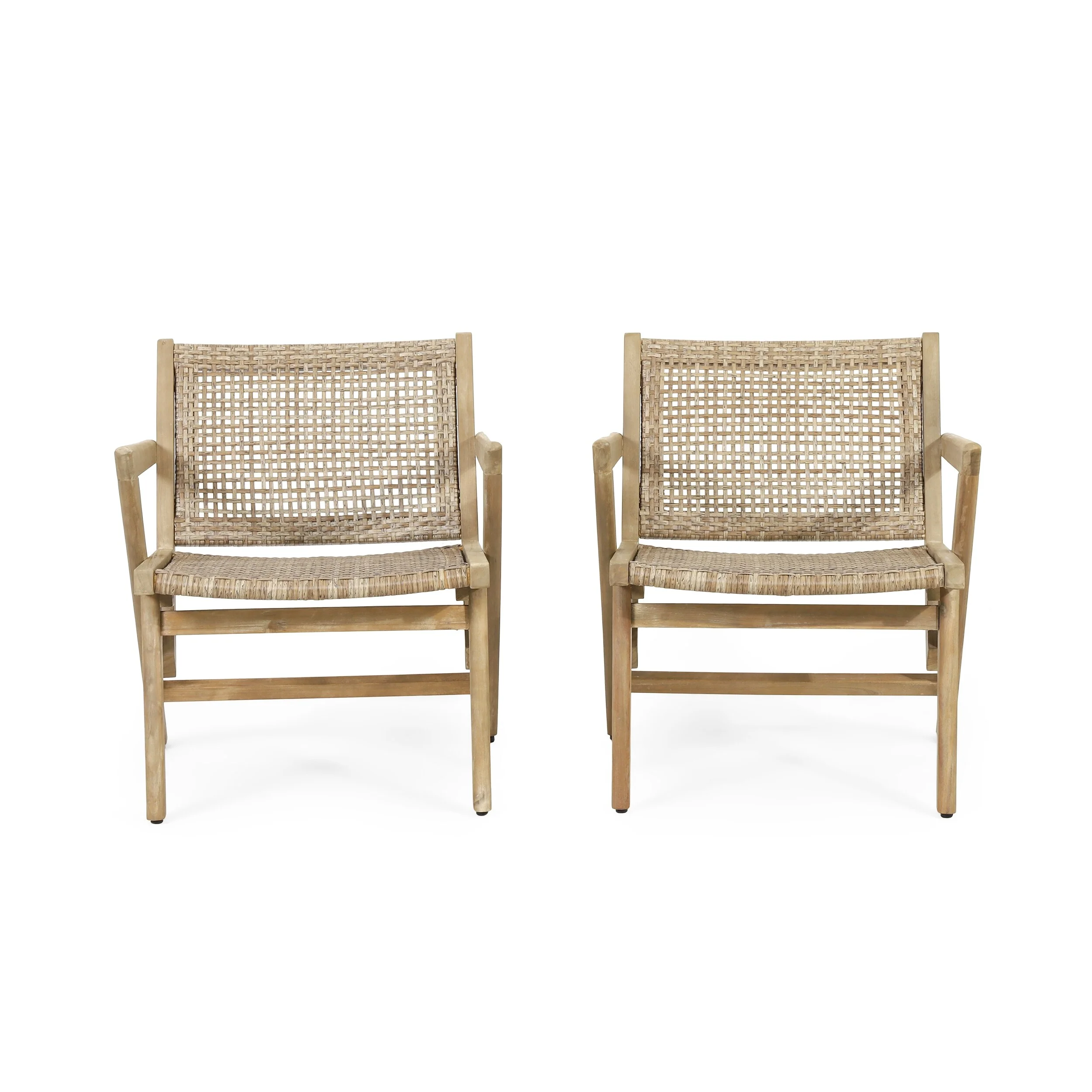 Roomfitters Mid-Century Woven Lounge Chairs with Angled Wood Frame, Patio Seating Set of 2, Natural Beige