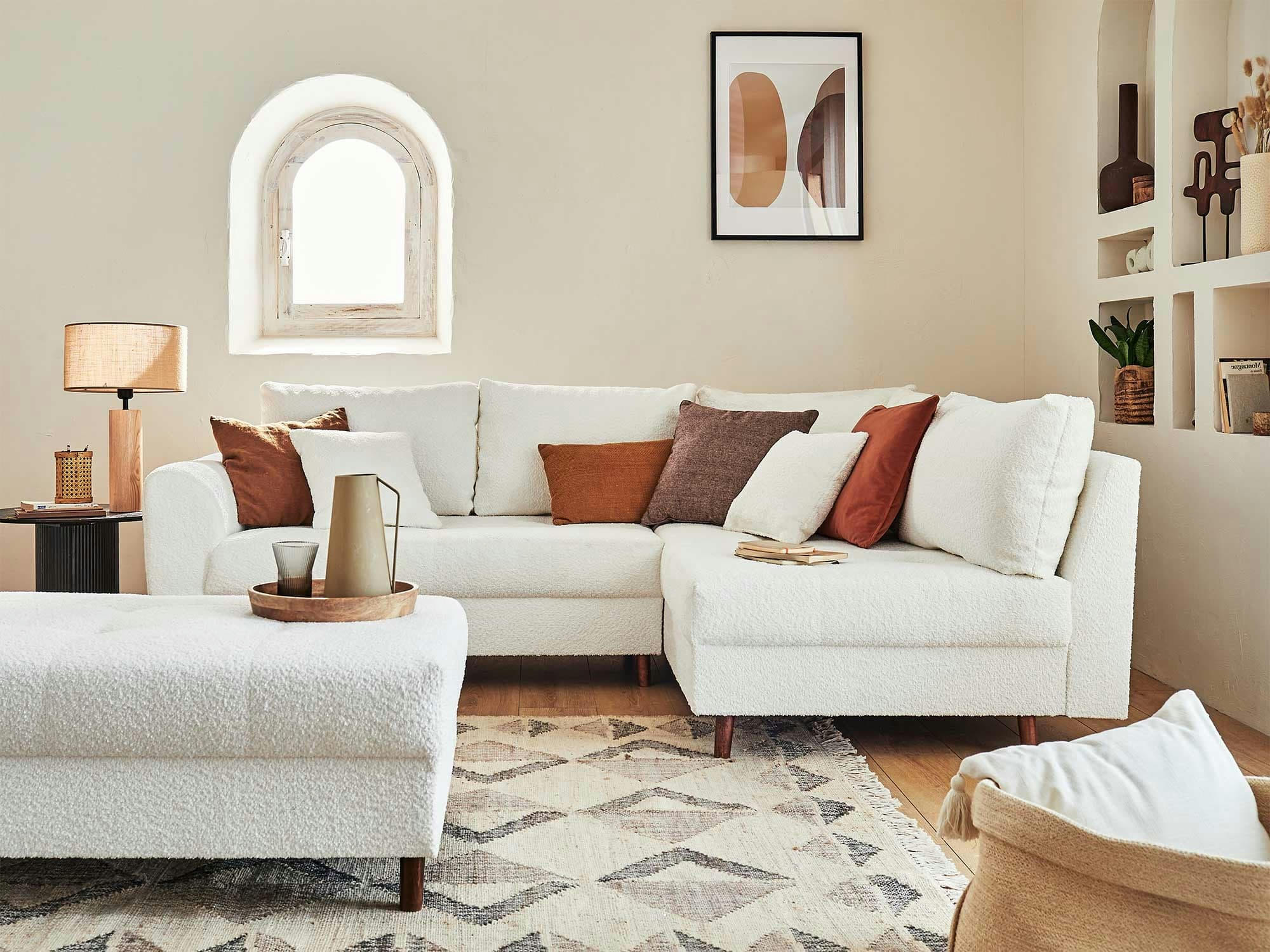 RUNE - Canapé d'angle droit convertible 4 places en tissu bouclette blanc