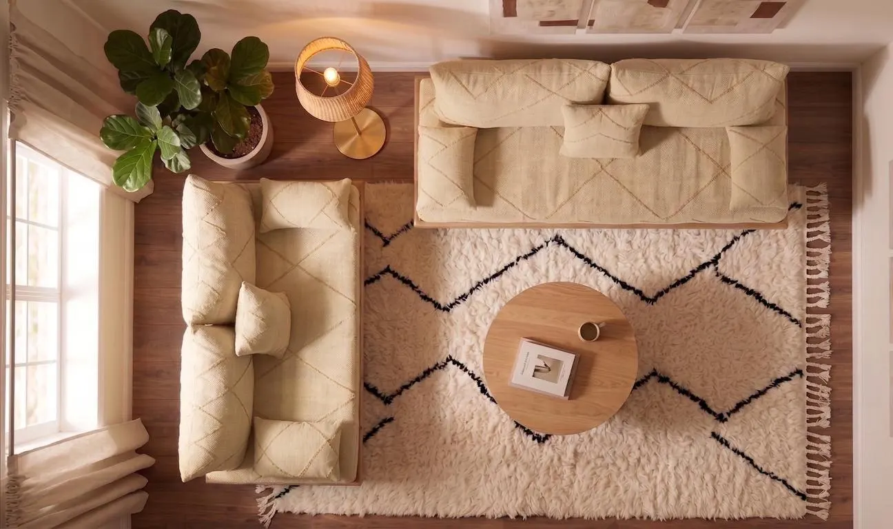 Beige Moroccan Handmade Wool Sofa with Foam & Solid Cedar Wood Base , Modern Boho Living Room Furniture
