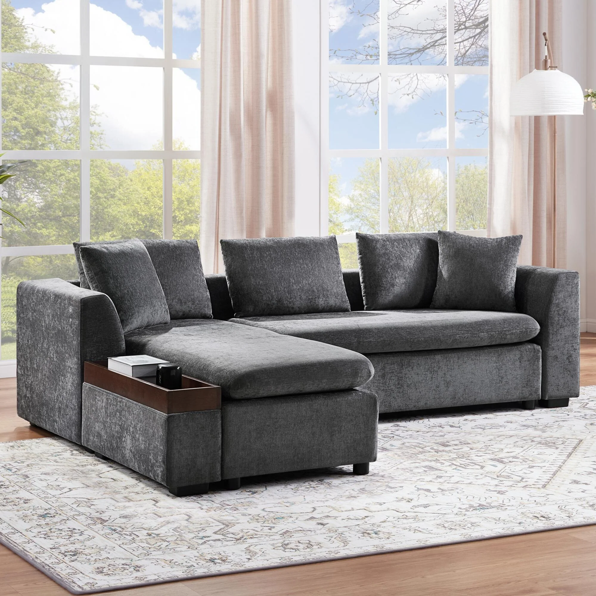 Sectional Sofa 93.7 L-shaped Sofa Upholstered Sofa Couch with wooden Storage Compartment for Living Room