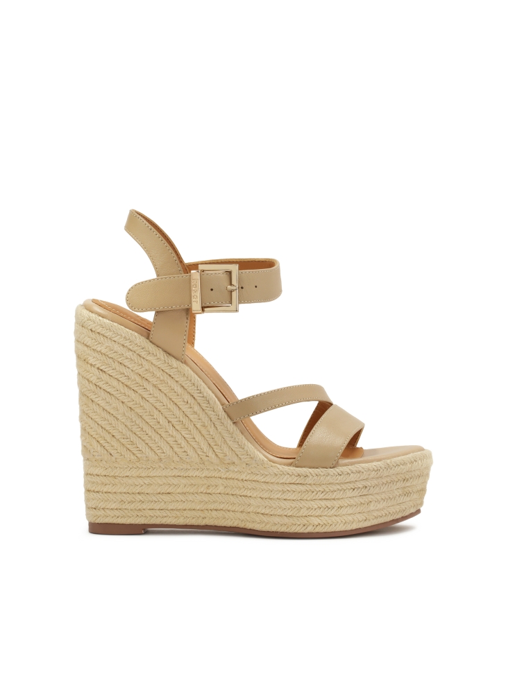 Leather sandals on a cord-covered heel