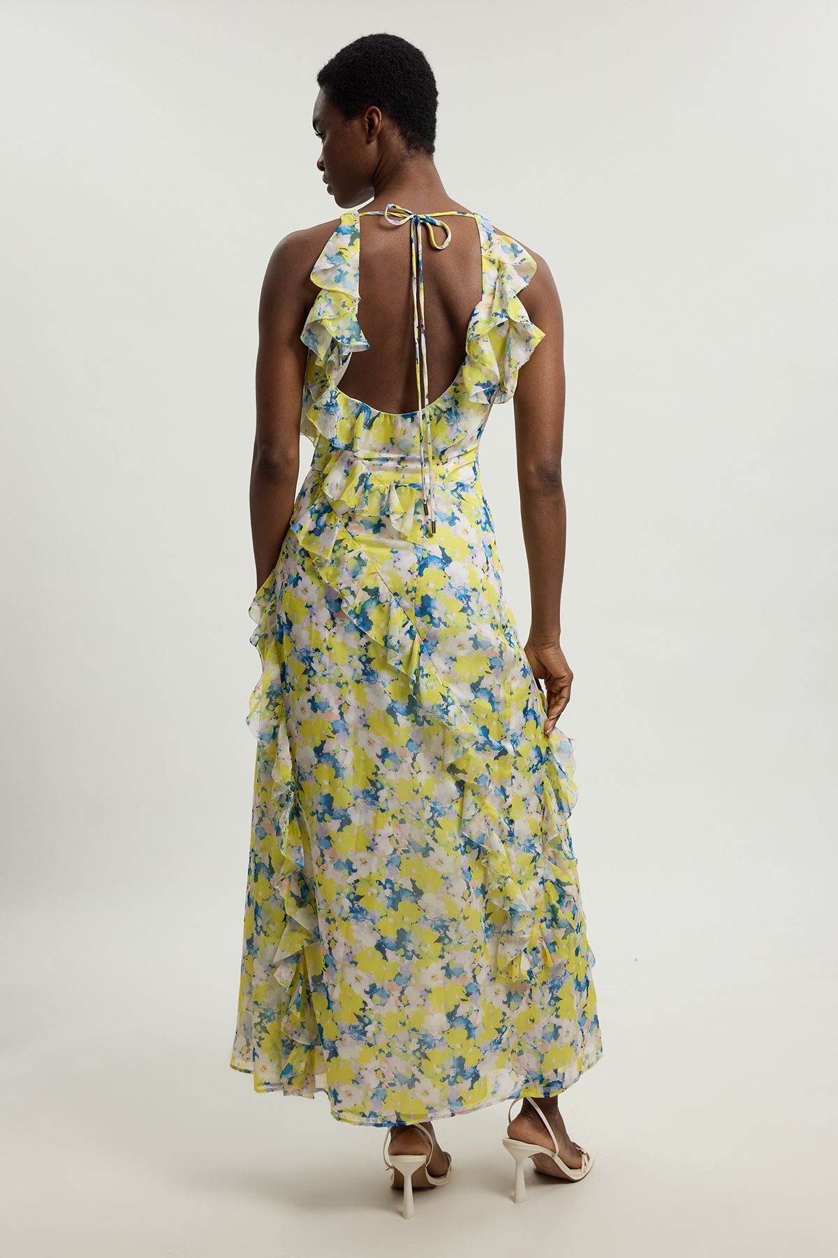 KarenMillen Floral Crinkle Georgette Ruffle Detail Halter Neck Woven Maxi Dress