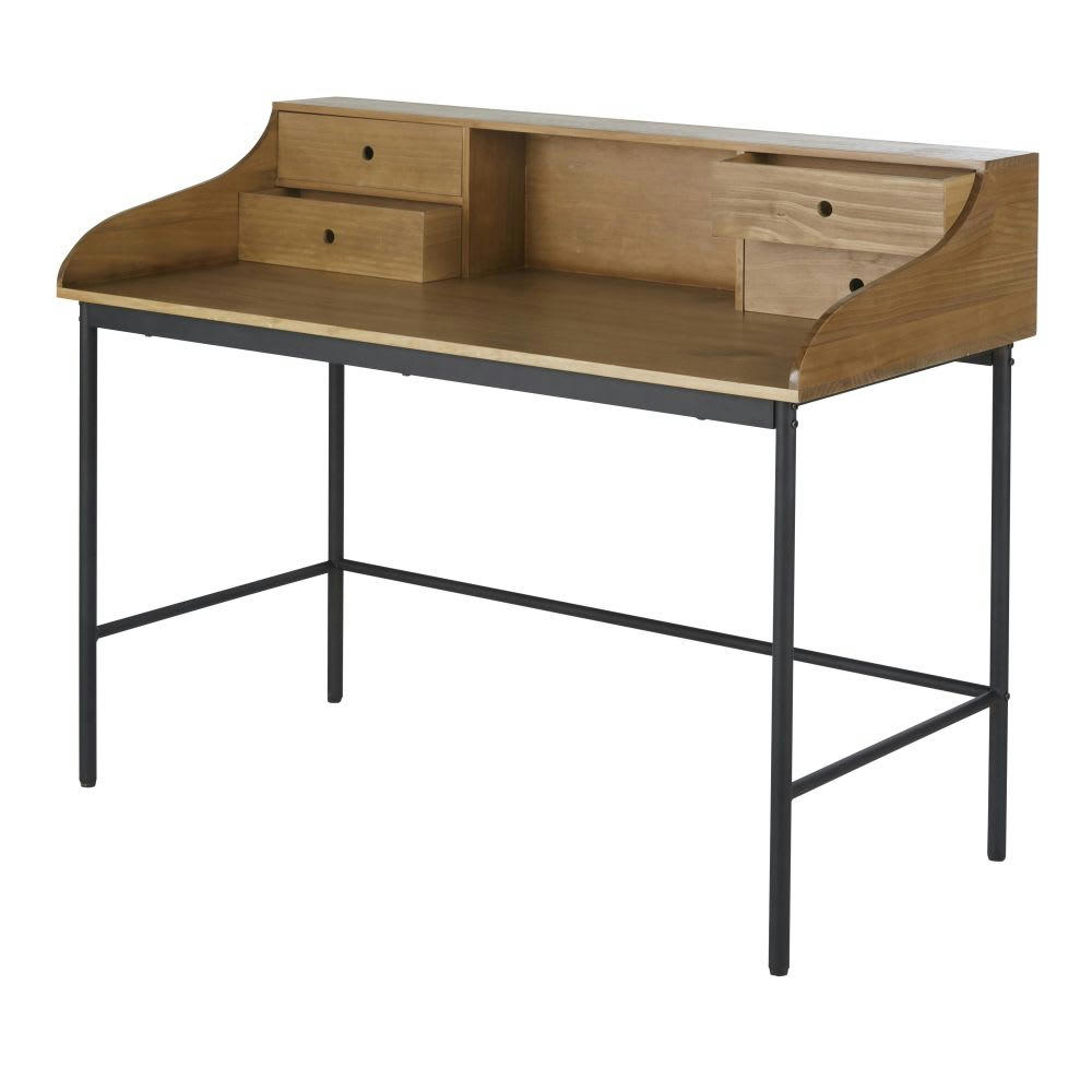 Kina - Bureau 4 tiroirs 1 niche en bois de pin et métal noir