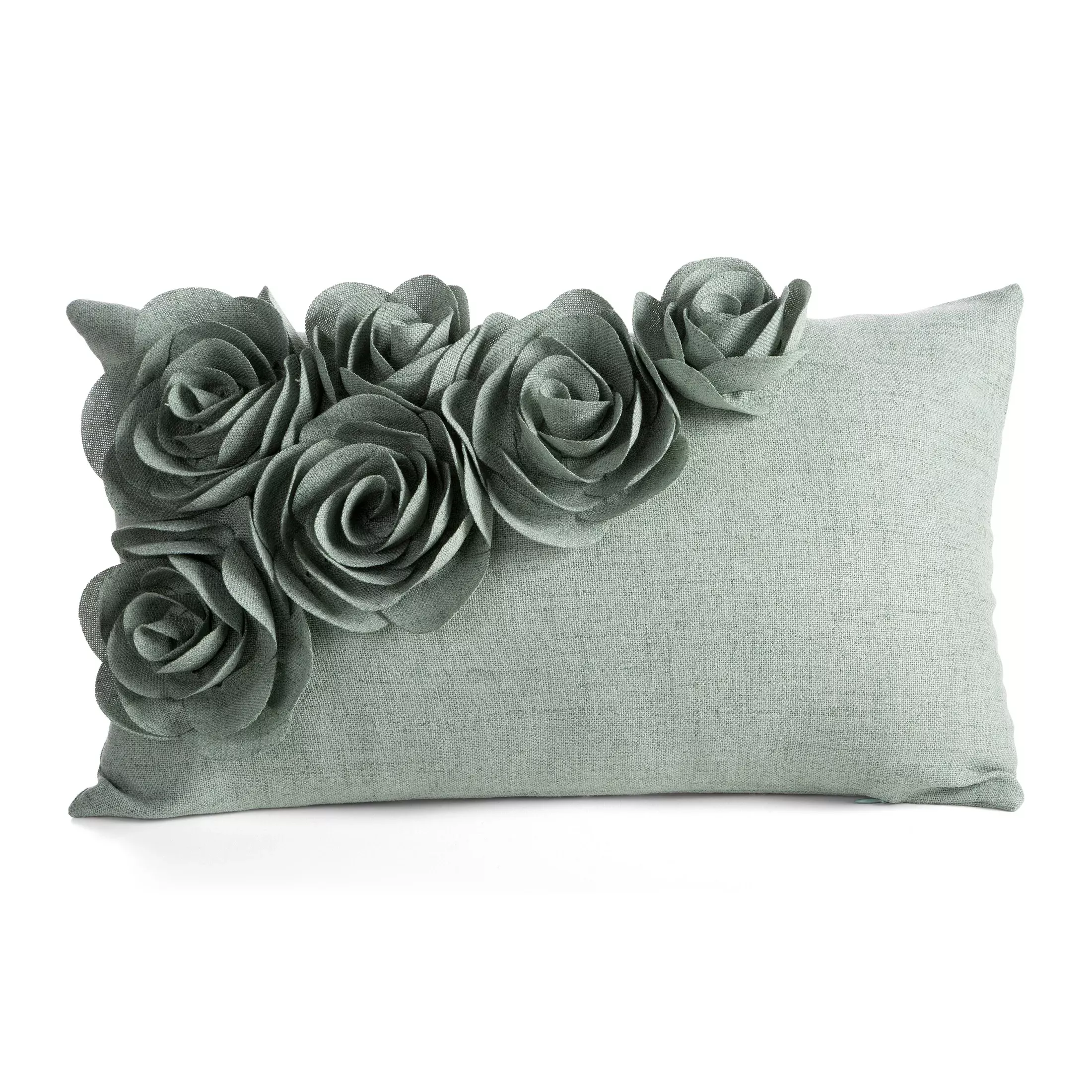 Poszewka na poduszkę 30x50 cm zielona o naturalnym splocie w 3D róże FLORES 7