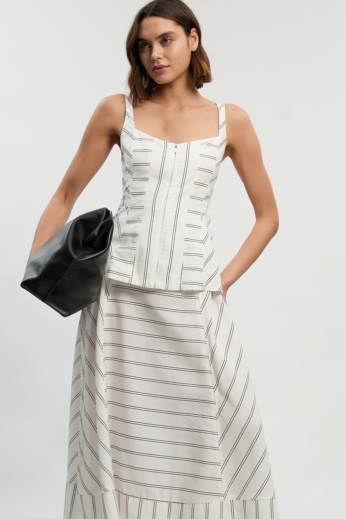KarenMillen Petite Bold Stripe Cotton Strappy Peplum Woven Maxi Dress