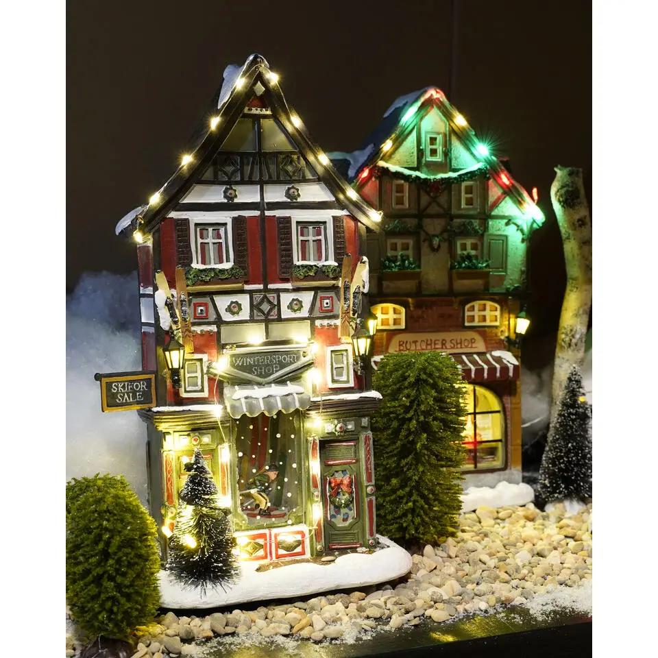 LuVille Kerstdorp Miniatuur Wintersportwinkel - L17,5 x B8 x H28 cm