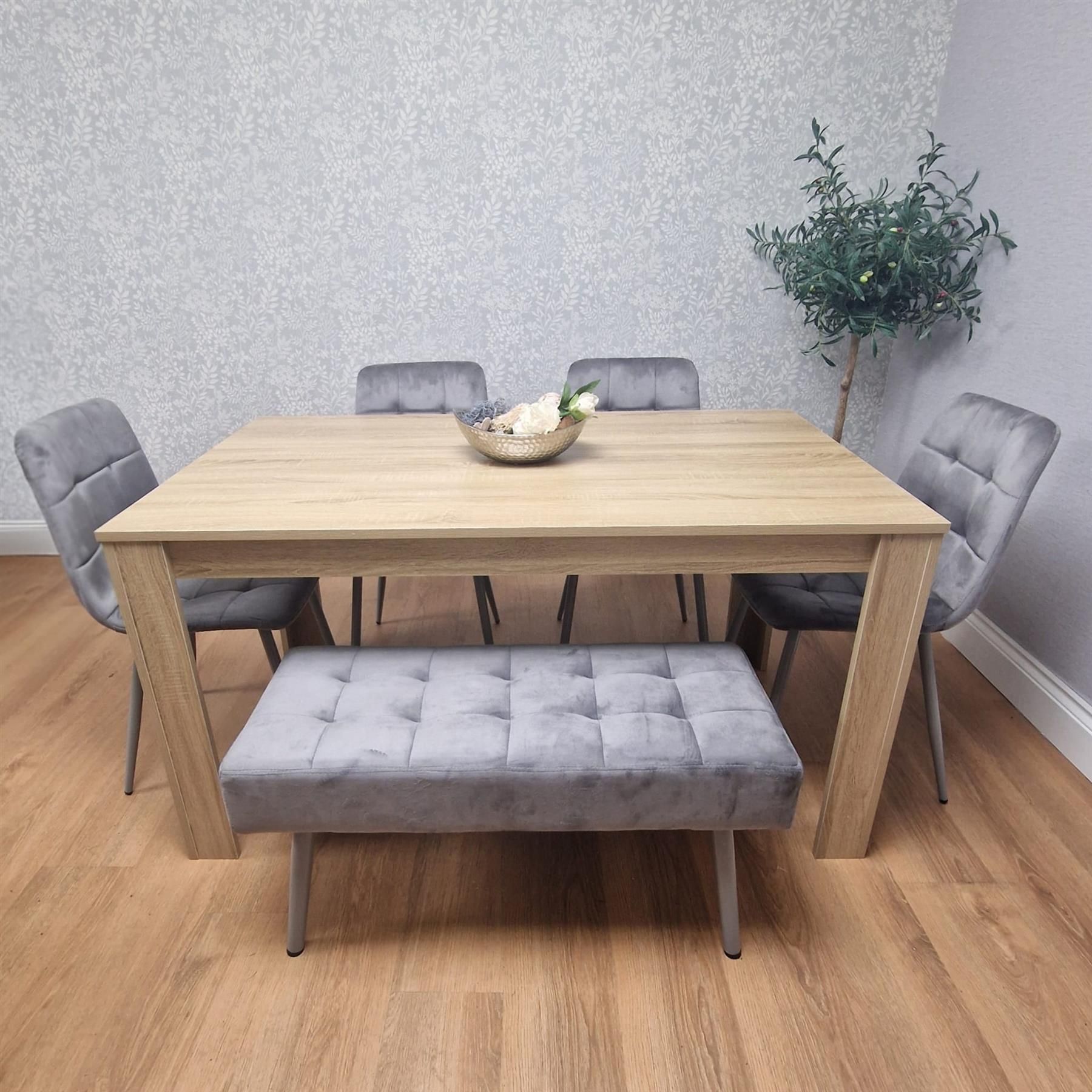 KOSY KOALA Oak Effect Dining Table Set With 4 Grey Velvet Chairs And Grey Velvet Bench Dining Room Furniture
