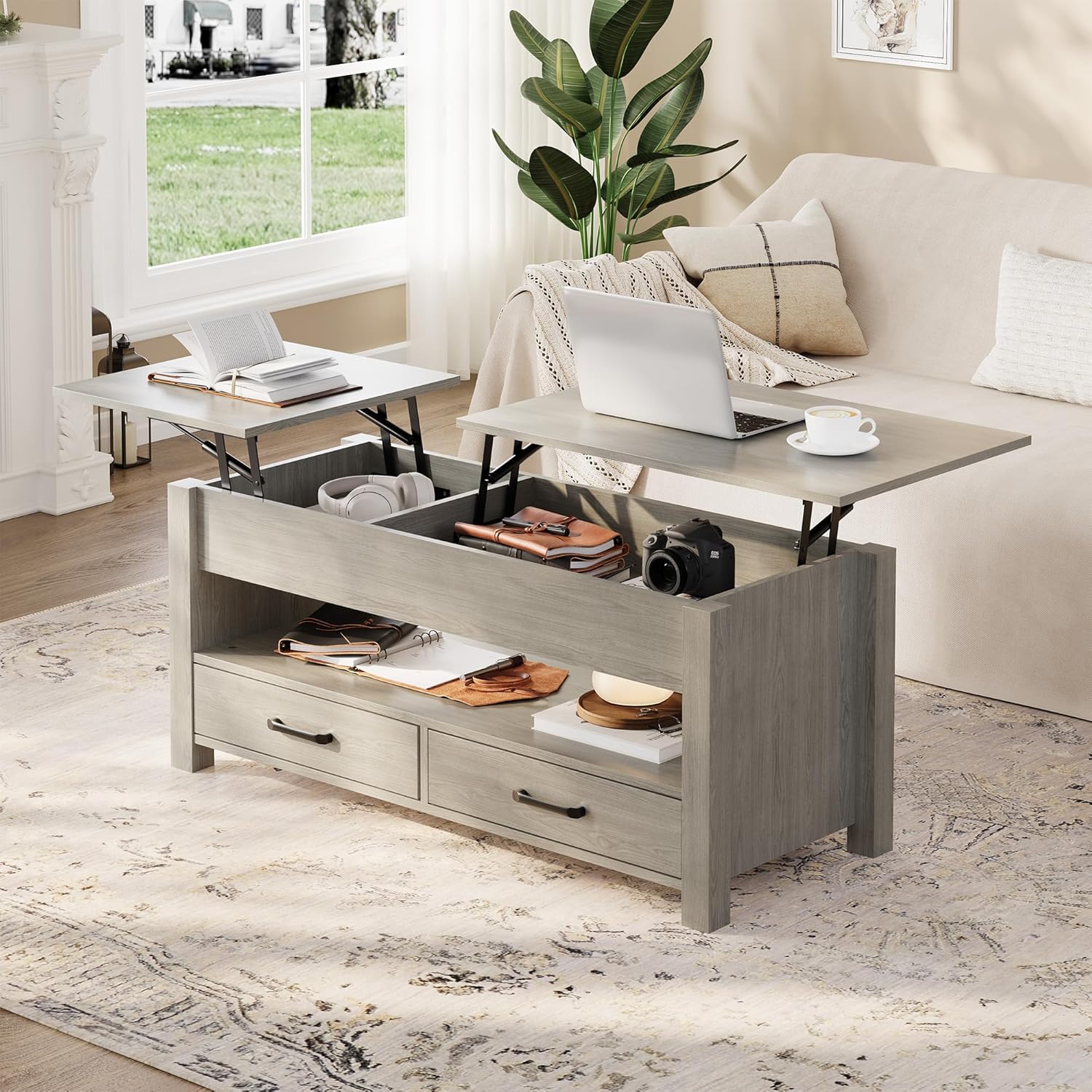 GarveeHome Coffee Table Lift Top, Convertible Coffee Table with Wooden Lift Tabletop, 2 Drawers and Hidden Compartment, Central Table with Storage for Living Room Home Office, Grey