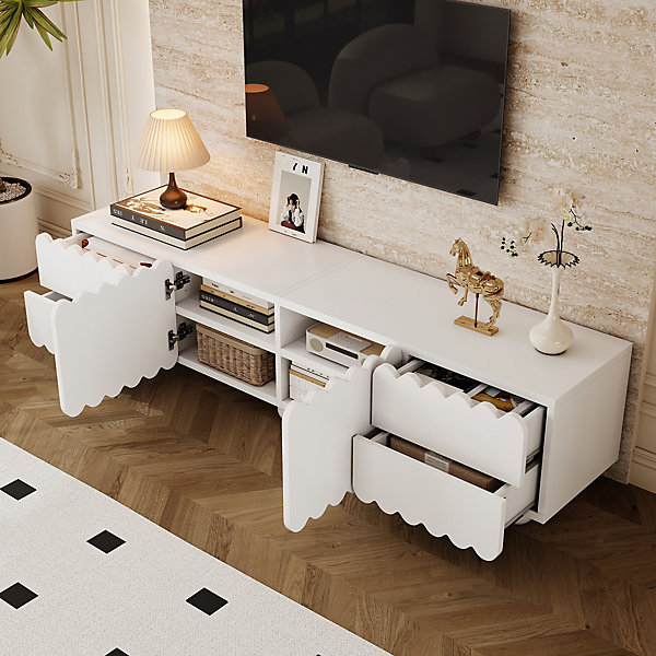 Meuble TV avec 4 Tiroirs et 2 Portes, Rangements Fonctionnels en MDF et Panneaux de Particules - 175x38x37 cm Blanc