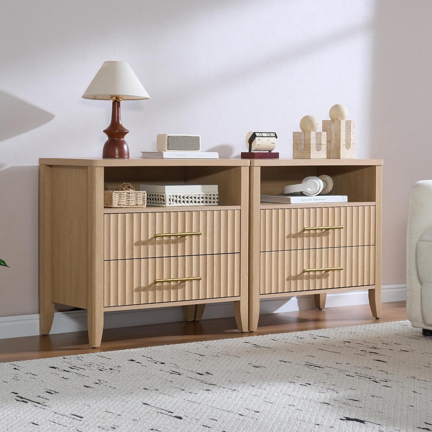 Fluted Nightstand with 2 Drawers, 27 Modern Nightstands Set of 2 with Storage, Large Queen Size Bed Side Table and End Table for Bedroom, Living Room, Office,(Natural Oak,2 Pieces)