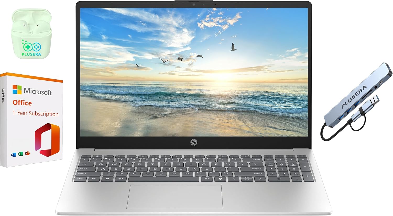 HP 15.6 Business Laptop with Microsoft Office 365 with Copliot AI, Quad-Cores Intel Processor, Windows 11, PLUSERA Earphones & 8-in-1 Hub Included, Natural Silver (Natural Silver, 16GB RAM)