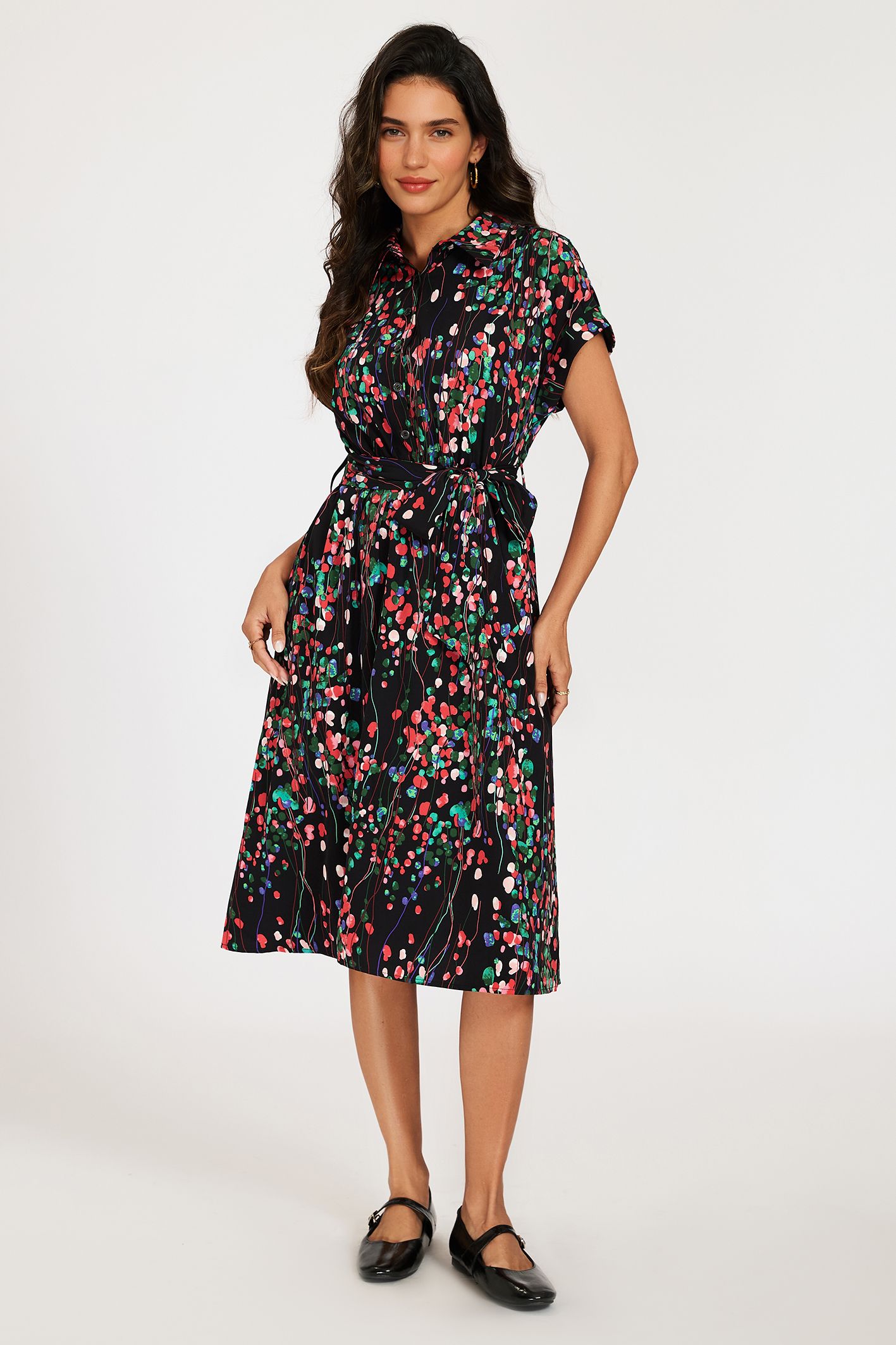 FS Collection Black Floral Shirt Midi Dress with Tie Waist and Short Sleeves